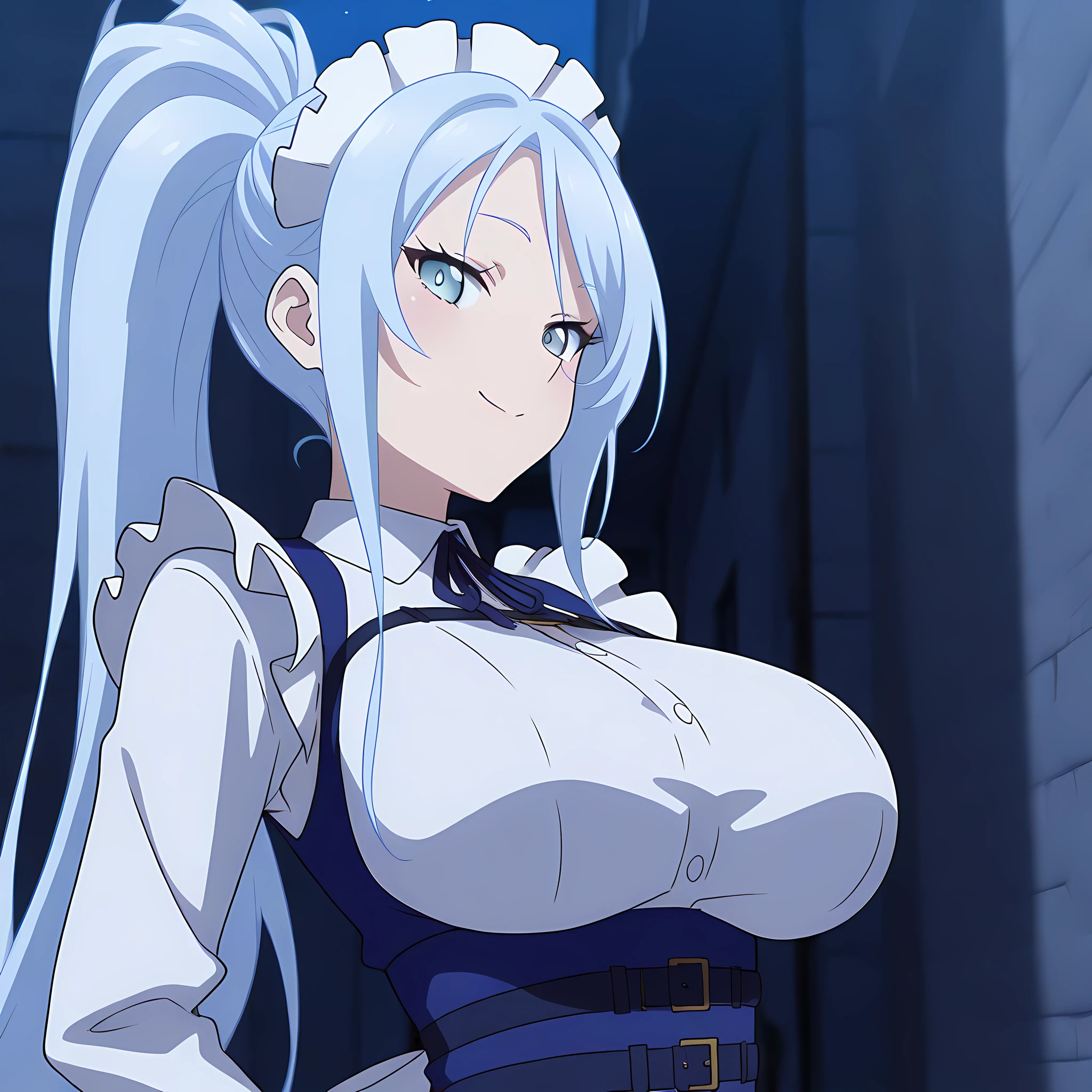 sylpha_langlis, 1girl, seductive smile, solo, maid headdress, blue eyes, blue hair, long hair, ponytail, looking at viewer, large breasts, maid, shirt, upper body, light blue hair, dark alleyway background, night, <lora:SylphaLanglis-IllustXL:1>, (masterpiece),(best quality),(ultra-detailed),(best illustration),(best shadow),(absurdres),(detailed background),(very aesthetic),