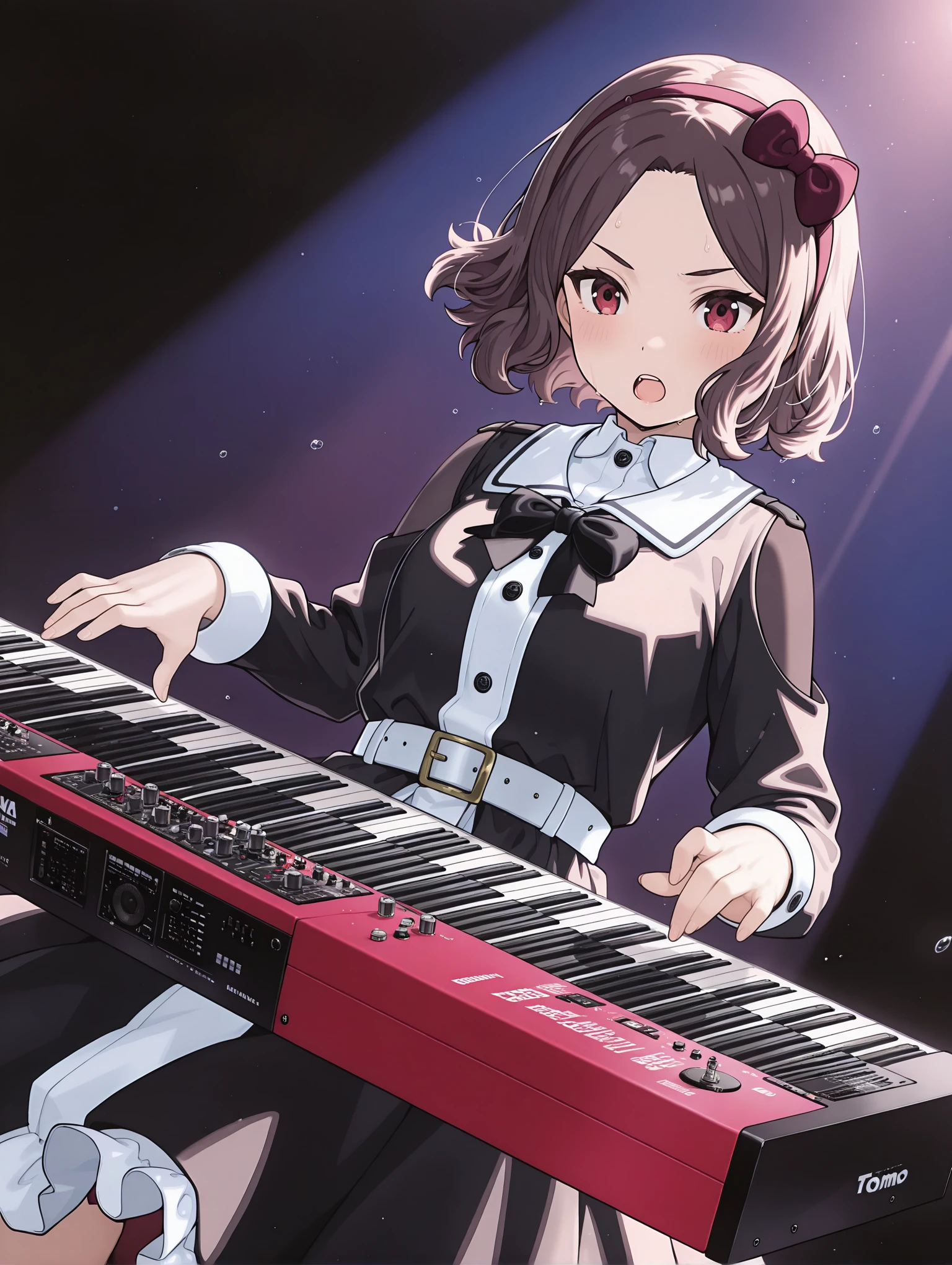masterpiece,best quality,newest,1girl,solo,
<lora:TOMO_EBIZUKA_ilxl_v1.2:1>,tomo_ebizuka,brown hair,hairband,red hair bow,
black dress,black bowtie,long sleeves,skirt,frilled dress,collared shirt,two-tone dress,belt,
<lora:Fixhands_anime_bdsqlsz_V1:1>,dynamic_angle,cinematic_angle,cowboy_shot,face_focus,instrument,Synthesizer,white_background,simple_background,front view,singing,sweat,blush,serious,open mouth,