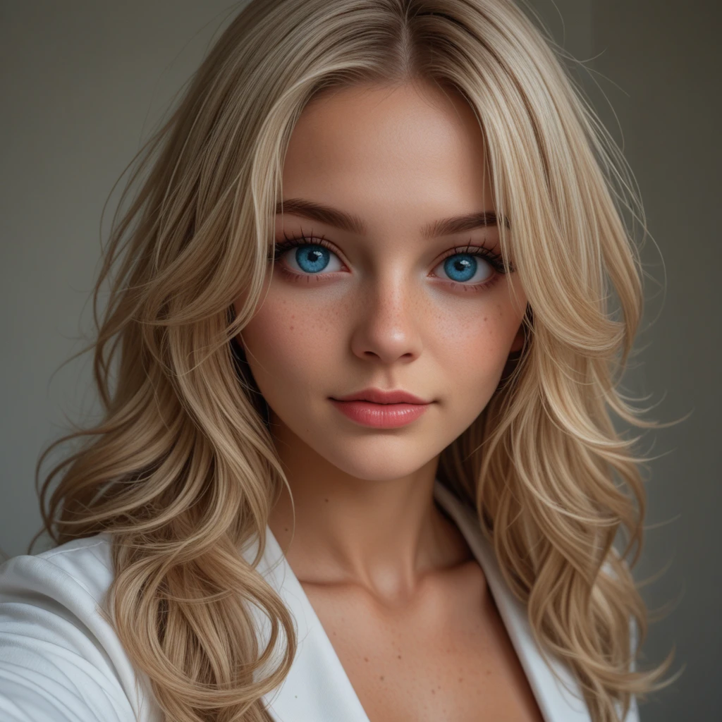 best, masterpiece, Domi with wavy blonde hair and blue eyes, extreme closeup, exotic colorful makeup, model face, model pose, selfie, highly detailed skin texture, freckles, highly detailed photo, professional photograph, dynamic lighting