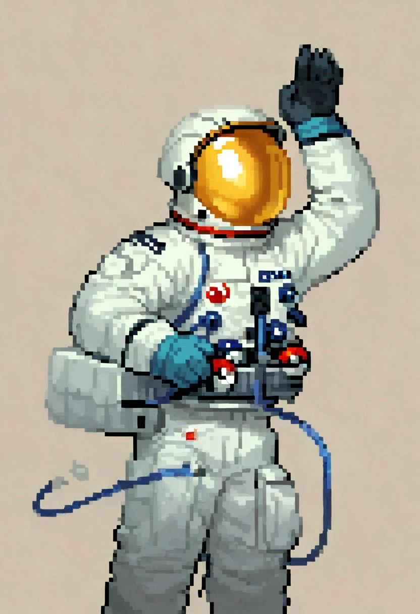 score_9, score_8_up, score_7_up, Skylab_Suit, 1girl, solo, a man in an astronaut suit, astronaut, helmet, gloves, one hand behind head, one arm outstretched, holding pokeball, Gold_Visor