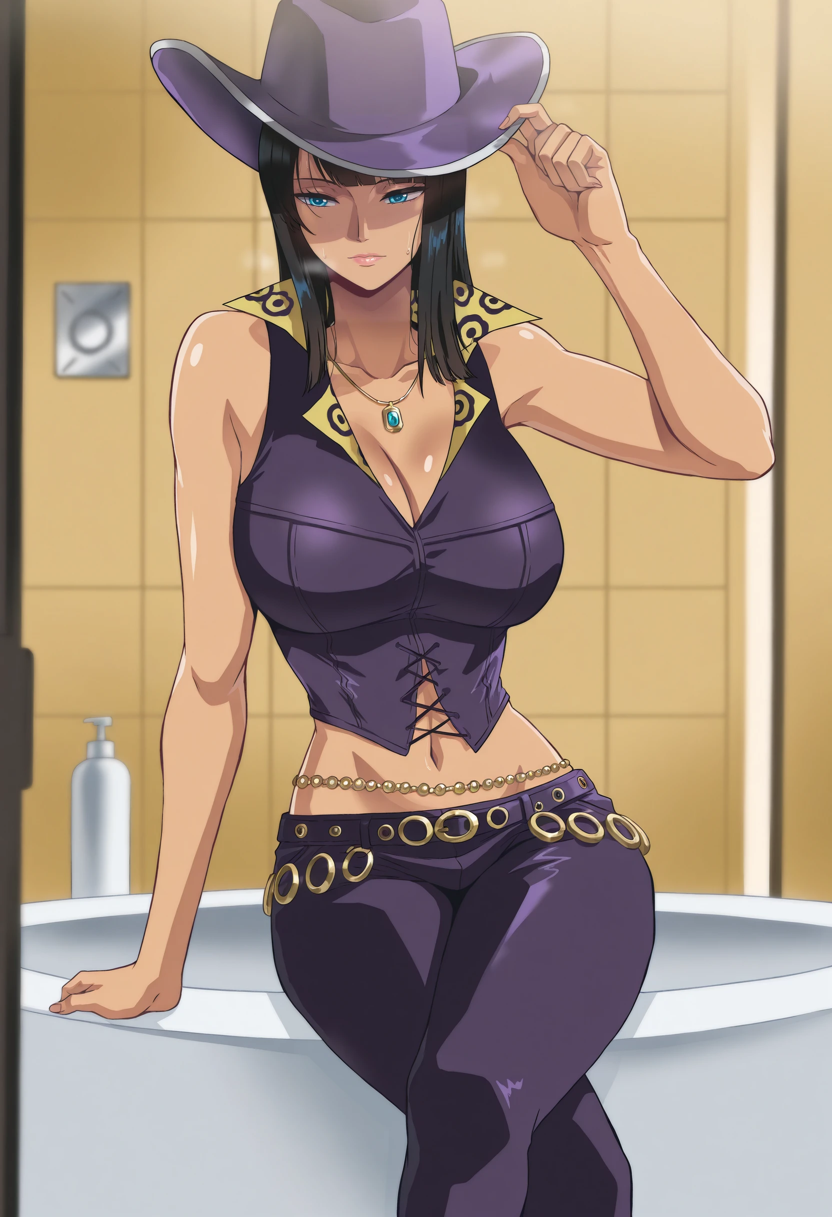masterpiece, best quality, amazing quality, very aesthetic, absurdres, newest, scenery, best quality, 1girl, solo, mature female, anime coloring, crossed legs,in a luxurious bathroom,
<lora:NicoRobinPreTimeskipPart2_Illu_Dwnsty:1>, sabaodynr, blue eyes, black hair, medium hair, blunt bangs, dark-skinned female, purple headwear, cowboy hat, purple shirt, popped collar, sleeveless shirt, belly chain, purple pants, belt,
breasts, detailed eyes, detailed body, detailed lips,
artist:hara (harayutaka):0.08, artist:donburi(donburikazoku)0.34, artist:hews:0.4, artist:fei(maidoll):0.18,