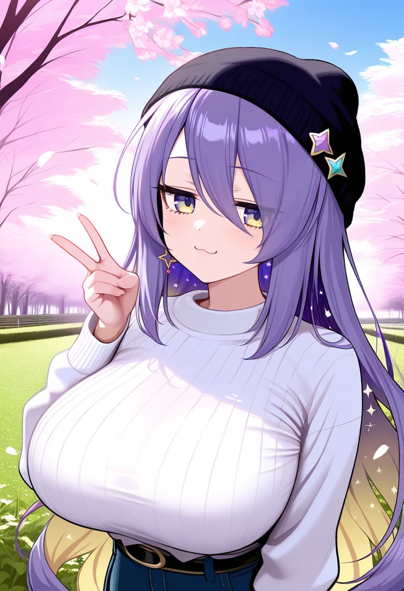 1girl, solo, moona hoshinova,
long hair, purple hair, yellow eyes, huge breasts, white sweater, :3, v, beanie,
cherry blossoms, field, outdoors,
masterpiece, best quality