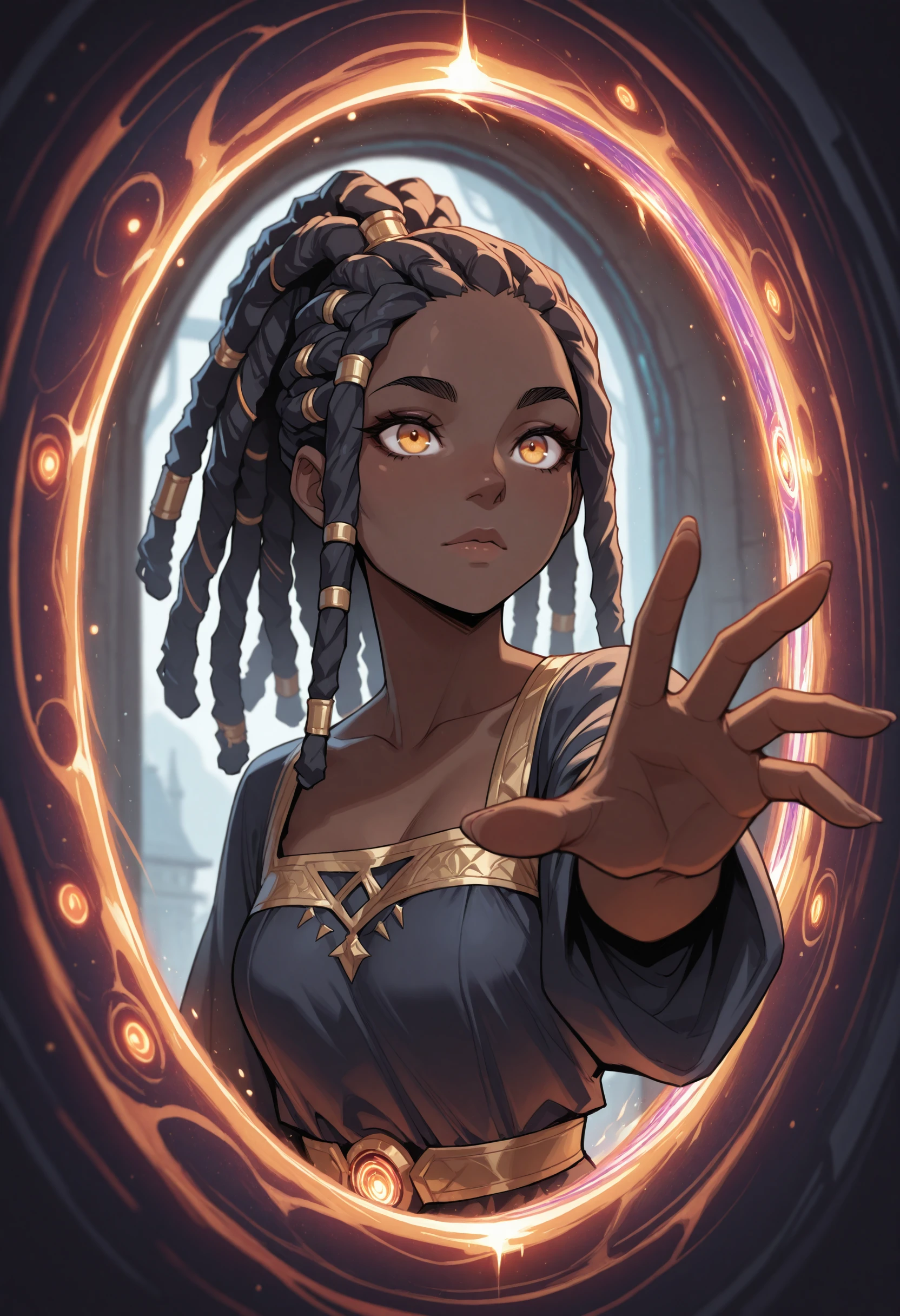 p0rtalreach, portal, arm reaching through portal, close up, 1girl, solo, black dreadlocks, dark skin, dress, best quality, masterpiece, <lora:PortalReachIllustrious:0.8>