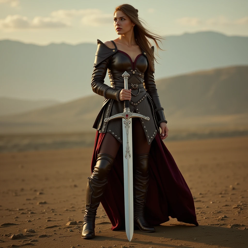 A **majestic female warrior** stands firmly in a **vast, open setting**, holding a **magnificent sword** directly in front of her. Her **full body is visible in the frame**, but the **sharp focus is on the sword**, making it the dominant subject of the image. The **long, ornate blade** gleams under the ambient light, its polished steel reflecting the world around it.
She grips the **hilt firmly with both hands**, fingers wrapped tightly around the **intricately designed handle**, which is adorned with **fine engravings, delicate filigree, and gemstone inlays**. The **crossguard**, elegantly sculpted, extends outward with a regal curvature, while the **long, flawless blade**, engraved with **ancient runes or mystical symbols**, rests with its **razor-sharp tip gently touching the ground between her feet**.
Her **posture is strong and composed**, standing **centered in the frame**, but with the **sword drawing all attention**. Her **leather armor**, crafted with **subtle decorative stitching and reinforced with ornate metal accents**, clings to her **athletic yet graceful frame**, complementing the power of the weapon she wields.
The **background is softly blurred**, revealing an **expansive battlefield, a crumbling fortress, or a vast, wind-swept plain**, creating depth and scale while ensuring that **the sword remains the focal point**. The **lighting is dramatic**, with **soft golden rays illuminating the length of the blade**, emphasizing its craftsmanship, while subtle shadows add depth to the engravings along its surface.
Her **expression is serene yet intense**, her gaze subtly lowered toward the weapon, as if in quiet contemplation of its power. **Her hair flows gently in the wind**, strands catching the light, but nothing distracts from the sheer presence of the **weapon she holds in reverence**.
A **hyper-realistic, cinematic, and emotionally striking long shot**, capturing the **elegance, dominance, and legendary essence** of the warrior’s sword as the **true centerpiece of the composition**.
