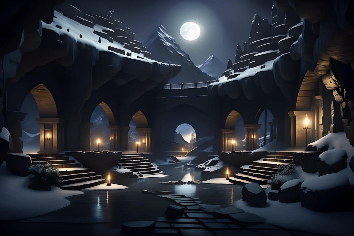 <lora:JJsUnderGroundBuilding:1> , ((UnderGround Building)),((masterpiece)), ((best quality)), dramatic lighting, high detailed, center composition, ,scenery, 8k, super sharp focus, great detail of textures, night, (building),road, river, mountain, bridge, blizzard, torch, cave, stones, arch, moon, night sky, blizzard, lava,, photography, capturing moments, storytelling, creative composition