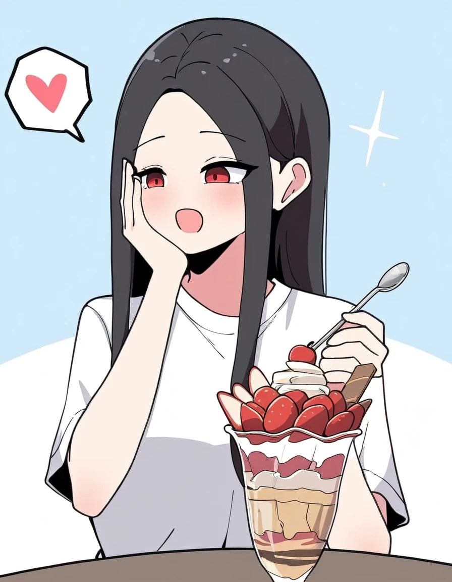 masterpiece, best quality, newest, absurdres, highres, safe,, <lora:yoo-jae-kyung-manhwa-illustriousxl-lora-nochekaiser:1>, yoo jae-kyung, long hair, large breasts, black hair, red eyes, forehead,, <lora:parfait-ponyxl-lora-nochekaiser:1>, parfait, open mouth, heart, food, sparkle, fruit, happy, hand on own face, spoken heart, ice cream, strawberry, spoon, hand on own cheek, cherry, holding spoon,, , cowboy shot, solo