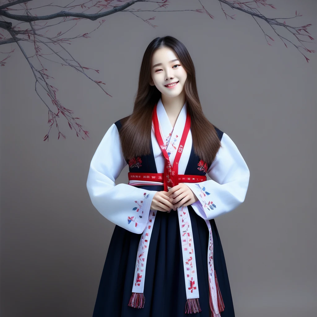 ribbon, hanbok, upper body, smile, black jacket, brown hair, traditional clothes, tree, brown eyes, bunad, own hands together, long hair, male focus, closed eyes, indoors, jacket, 1boy, simple background, twin braids, long sleeves, korean clothes, standing