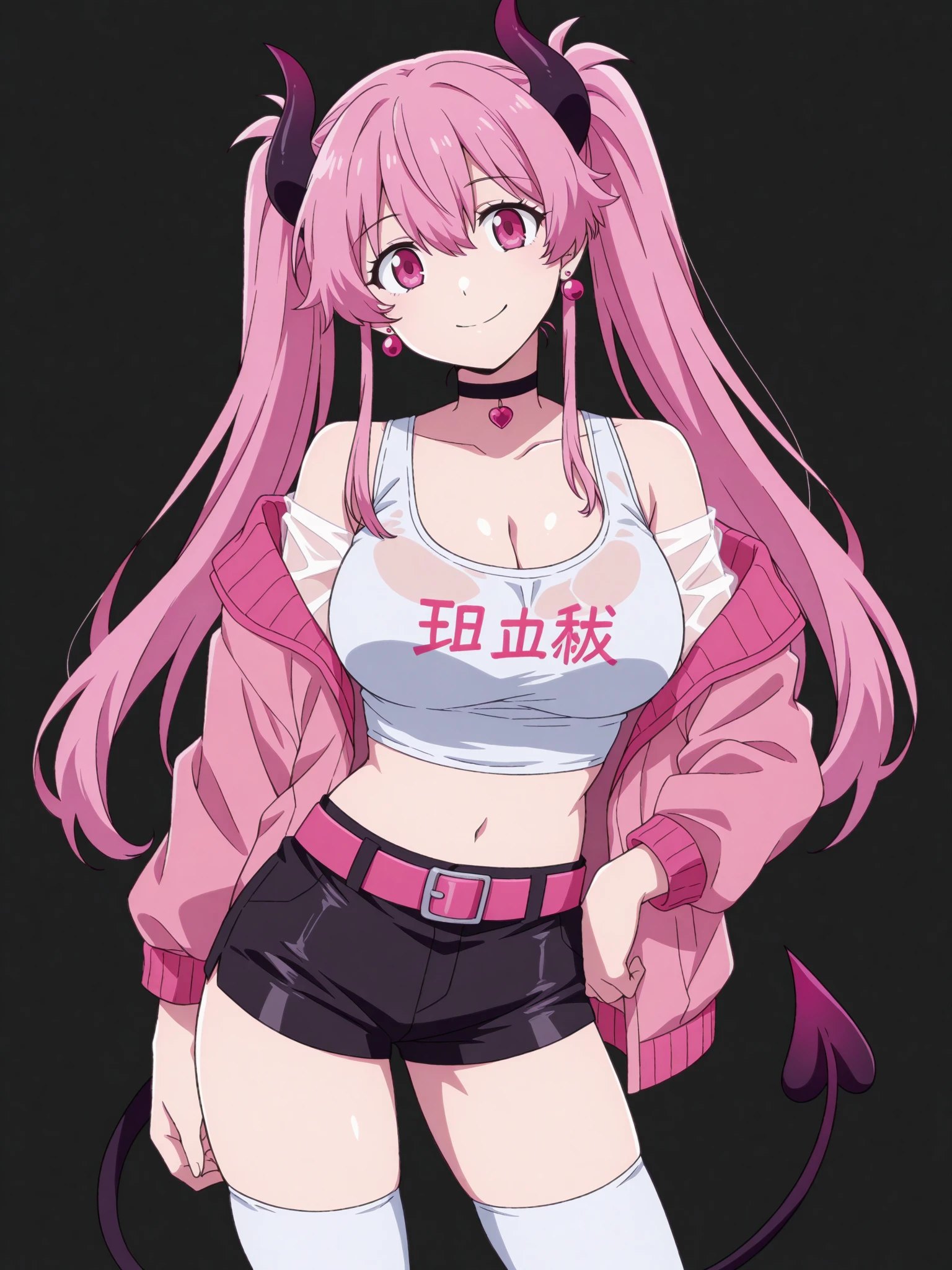 1girl, solo, breasts, tail, pink_hair, horns, demon_tail, shorts, jacket, twintails, large_breasts, smile, looking_at_viewer, long_hair, navel, choker, black_background, pink_eyes, short_shorts, belt, demon_girl, pink_jacket, demon_horns, simple_background, tank_top, open_jacket, cleavage, black_shorts, open_clothes, thighhighs, off_shoulder, bare_shoulders, closed_mouth, head_tilt, hair_between_eyes, cowboy_shot, jewelry, micro_shorts, collarbone, black_choker, white_thighhighs, crop_top, bangs, earrings, clothes_writing, shirt, midriff, standing, see-through, contrapposto, long_sleeves,
<lora:Hataraku_Saibou_Black_Illustrious_SD8:1>