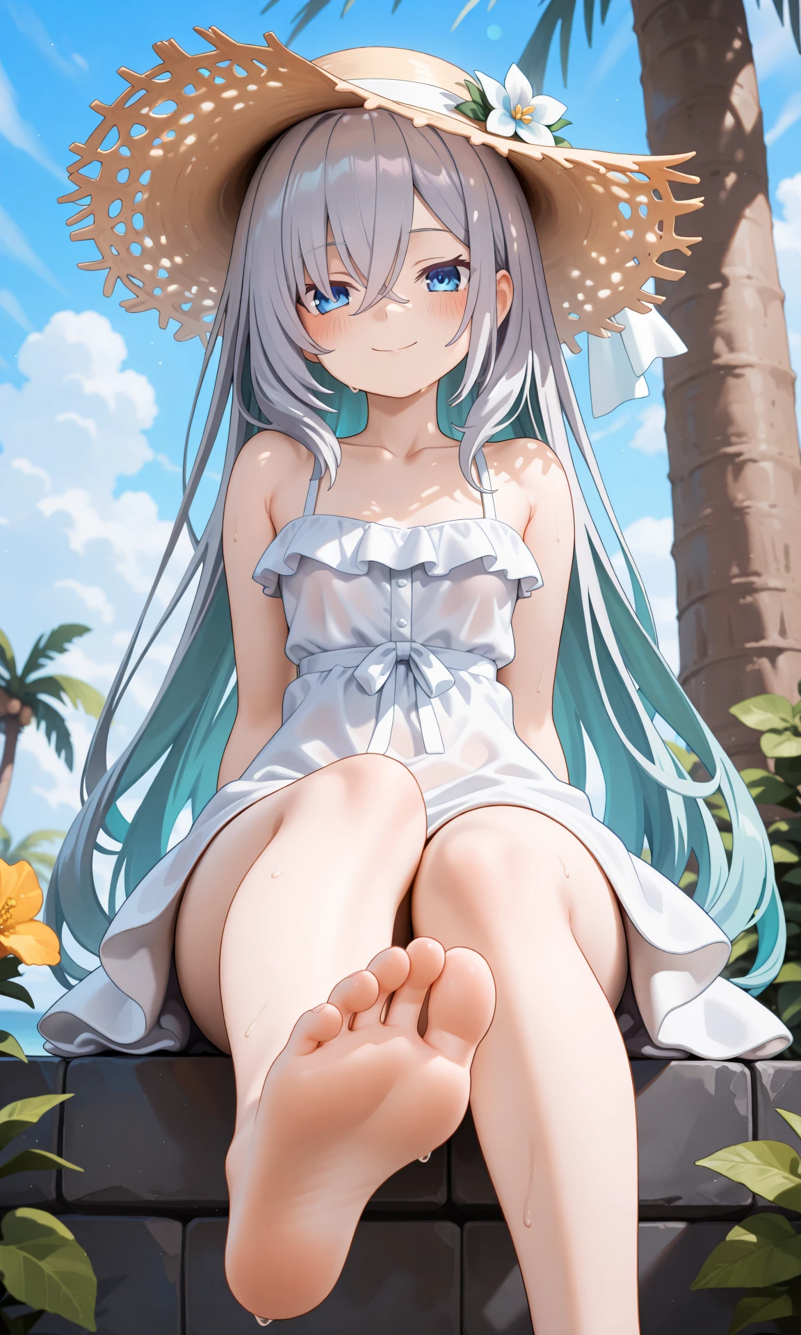 krono_klose,date_a_live,murasame_reine,1girl,bangs,bare_legs,bare_shoulders,barefoot,blue_eyes,blue_sky,blush,closed_mouth,cloud,collarbone,day,dress,feet,flower,foot_focus,foreshortening,grey_hair,hair_between_eyes,hat,hat_flower,long_hair,long_hair_between_eyes,looking_at_viewer,outdoors,palm_tree,sitting,sky,sleeveless,sleeveless_dress,smile,soles,solo,straw_hat,sun_hat,sundress,sweat,toes,tree,white_dress,, ,masterpiece, best quality, absurdres, newest, very aesthetic, amazing quality,highres,sensitive, highres, ultra detailed, best anatomy, HDR, 8K, high detail RAW color art, high contrast, large pupil,