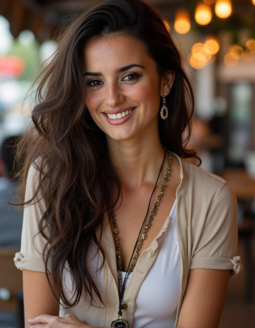 This is an image of P3N3L0P3, a beautiful detailed photograph, hair cascading, makeup, wearing casual clothes, standing in a cafe looking at the viewer, smiling, showing her teeth.