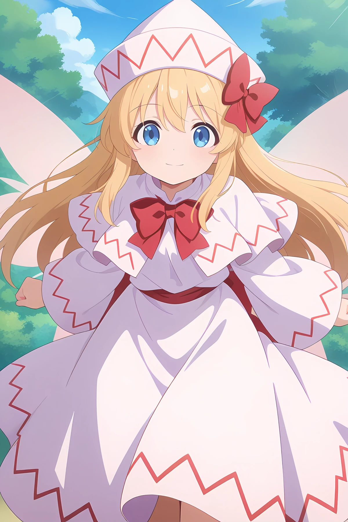 absurdres, highres, masterpiece, best quality, amazing quality, official anime artwork, screencap, anime screencap, outdoors, looking at viewer, light smile, dynamic pose,
<lora:Lily-White_Illustrious:1> lily white, 1girl, solo, blue eyes, blonde hair, long hair, fairy wings,, white dress, white hat, bow, wide sleeves,