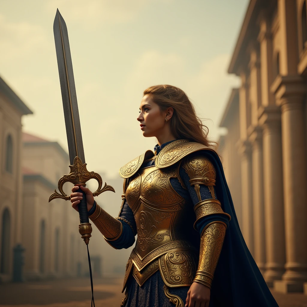 A **majestic female warrior** stands tall, exuding both power and elegance, her **ornate battle armor** gleaming under the golden light. Her finely crafted **breastplate**, adorned with intricate engravings and golden filigree, hugs her form perfectly, symbolizing both strength and royalty. Her **pauldrons**, sculpted with regal patterns, rest proudly on her shoulders, adding to her commanding presence. A **flowing crimson or royal blue cape** billows behind her, caught in the wind, further emphasizing her noble stature.
In her **raised hand**, she firmly grips a **magnificent royal sword**, its **polished steel blade reflecting the light in a dazzling display**. The **hilt**, sculpted from pure gold, is adorned with exquisite gemstones, each catching the light like stars in the night sky. The **crossguard**, engraved with ancient runes and delicate patterns, curves elegantly, its craftsmanship a testament to its legendary status. Along the **razor-sharp blade**, **intricate royal insignias and mystical engravings shimmer**, hinting at the power and history this weapon holds.
Her **stance is fierce and resolute**, her **arm fully extended**, holding the **sword high above her head**, as if calling upon the heavens or signaling the beginning of an epic battle. The **camera angle focuses entirely on the sword**, capturing its intricate details while her form remains slightly blurred in the background, reinforcing the weapon’s significance.
The **light from the sky pierces through drifting clouds**, illuminating the sword’s **brilliant edge**, making it appear almost divine. The battlefield or castle courtyard around her fades into a soft blur, drawing all attention to the **shimmering steel, the golden hilt, and the powerful aura of the blade**.
This is more than just a weapon—it is a **symbol of destiny, power, and an unbroken legacy**.
A **hyper-realistic, cinematic, and emotionally striking scene**, capturing the sheer magnificence of a legendary warrior and her **sacred, royal sword** raised high in triumph.