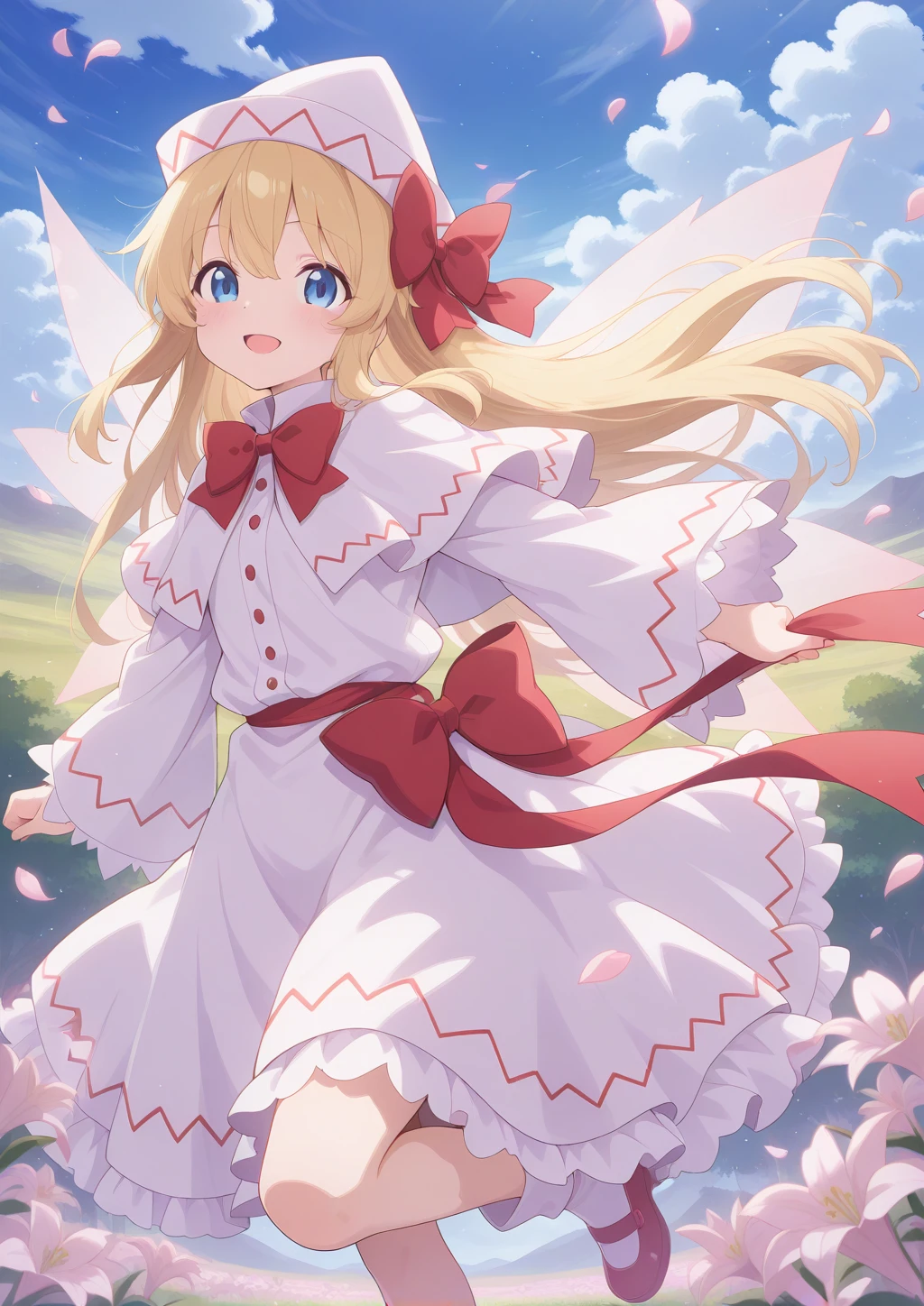 absurdres, highres, masterpiece, best quality, amazing quality, official anime artwork, screencap, anime screencap, outdoors, looking at viewer, open mouth, light smile, blush, dynamic pose, day, flowers, plains, light particles, petals, cloud,
<lora:Lily-White_Illustrious:1> lily white, 1girl, solo, blue eyes, blonde hair, long hair, fairy wings,, white dress, white hat, bow, wide sleeves,