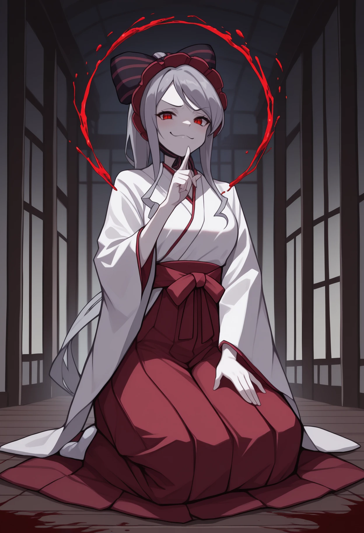 anime, masterpiece, best quality, newest, full body, solo, 1girl, sh4llt3ar, pale skin, smug, looking at viewer, seiza, hand on own thigh, hand up, index finger raised, casting spell, blood, grey hair, ponytail, hair bow, black bow, striped bow, bonnet, red eyes, slit pupils, japanese clothes, white kimono, wide sleeves, red hakama, hakama skirt, white socks, indoors, east asian architecture
<segment:yolo-face_yolov8m.pt,0.4,0.5//cid=1>