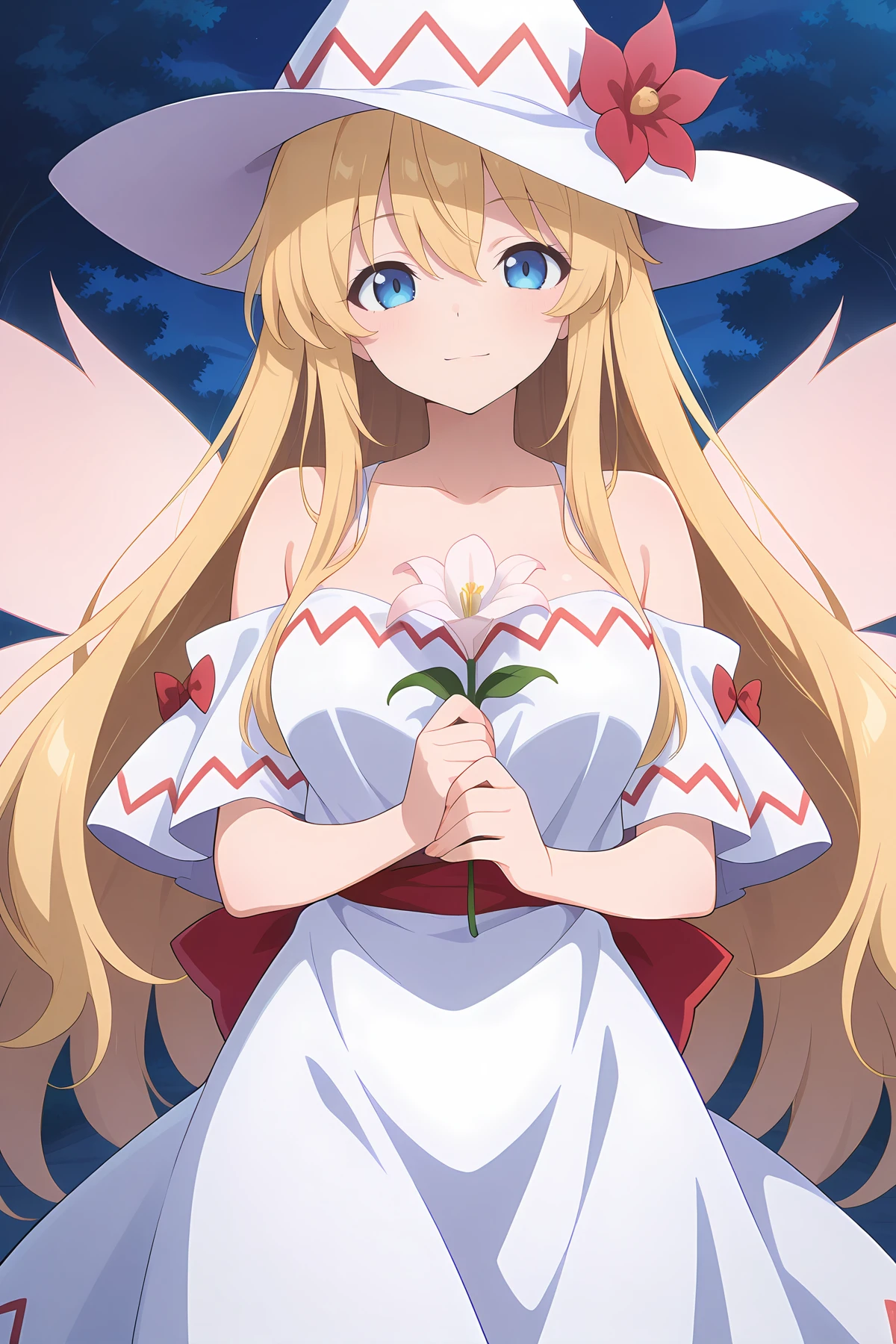 absurdres, highres, masterpiece, best quality, amazing quality, official anime artwork, screencap, anime screencap, outdoors, looking at viewer, light smile, dynamic pose,
<lora:Lily-White_Illustrious:1> lily white, 1girl, solo, blue eyes, blonde hair, long hair, fairy wings,, aged up, alternate hair length, alternate hairstyle, bare shoulders, breasts, dress, hair flower, hair ornament, white hat, hat flower, witch hat, holding flower, very long hair, white dress, wings, collarbone, bare shoulders, witch dress,