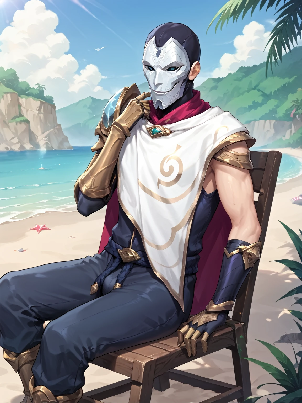 score_9, score_8_up, score_7_up, score_6_up, source_anime, anime screencap, Jhinlol, 1boy, solo, mask, hood, red scarf, cape, shoulder armor, armor, gauntlets, gloves, black gloves, pants, sitting, chair, sitting in chair, beach, sand, outdoors, (Portrait), Detailed Background, Hyperdetailed, Extreme Detail, 4K Resolution, Masterpiece, Best Quality <lora:Jhin_From_League_of_Legends:0.7>