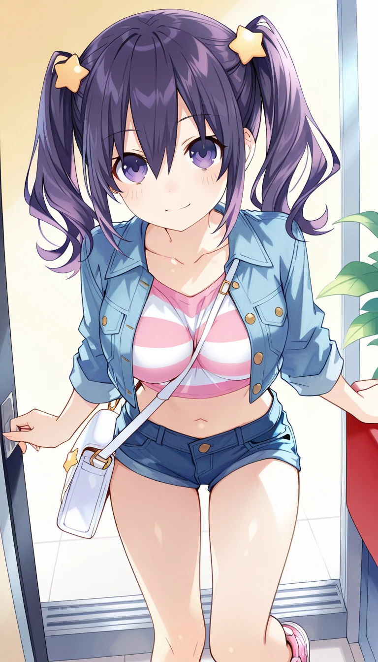 (masterpiece),best quality,amazing quality,very aesthetic,absurdres,newest,perfect body,shiny skin,perfect eyes,detail1eye,well-defined fingers,well-defined fingernails,anime style,indoors,1girl,solo,upper body,(portrait:1.5),looking at viewer,facing viewer,smile,blush,Tsunako style,Su Jin,long hair,purple hair,twintails,star hair ornament,star (symbol),hair between eyes,parted bangs,purple eyes,collarbone,denim jacket,cropped jacket,midriff,crop top,striped shirt,pink stripes,between breasts,medium breasts,skindentation,navel,shoulder bag,white bag,denim shorts,no socks,sneakers,pink footwear,<lora:Tsunako[style]-Illus:1.4>,<lora:Su Jin(uw)-Illus:1.6>,