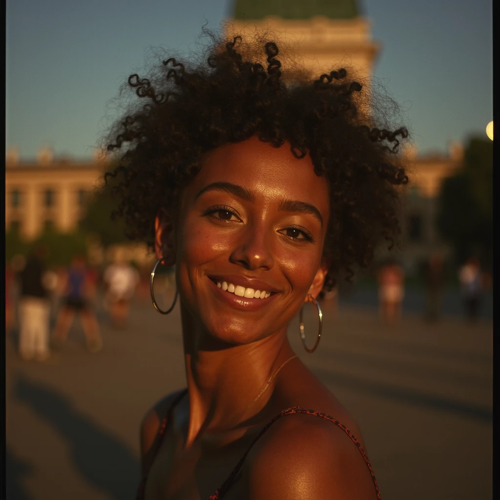 <lora:analogphotosv3:0.9> aaphotosv2, (ultra film grain:0.8), full body shot, Focus - shallow depth of field,  full body shot, (curvy:0.8) a beautiful young  woman (textured skin and different skin coloration in cheeks and forehead:1), in a monument posing casually for a photo, spotlight lighting, well-lit face,  looking at the camera, excited and nervous, smiling ,funny image, shot by the Kodak Brownie