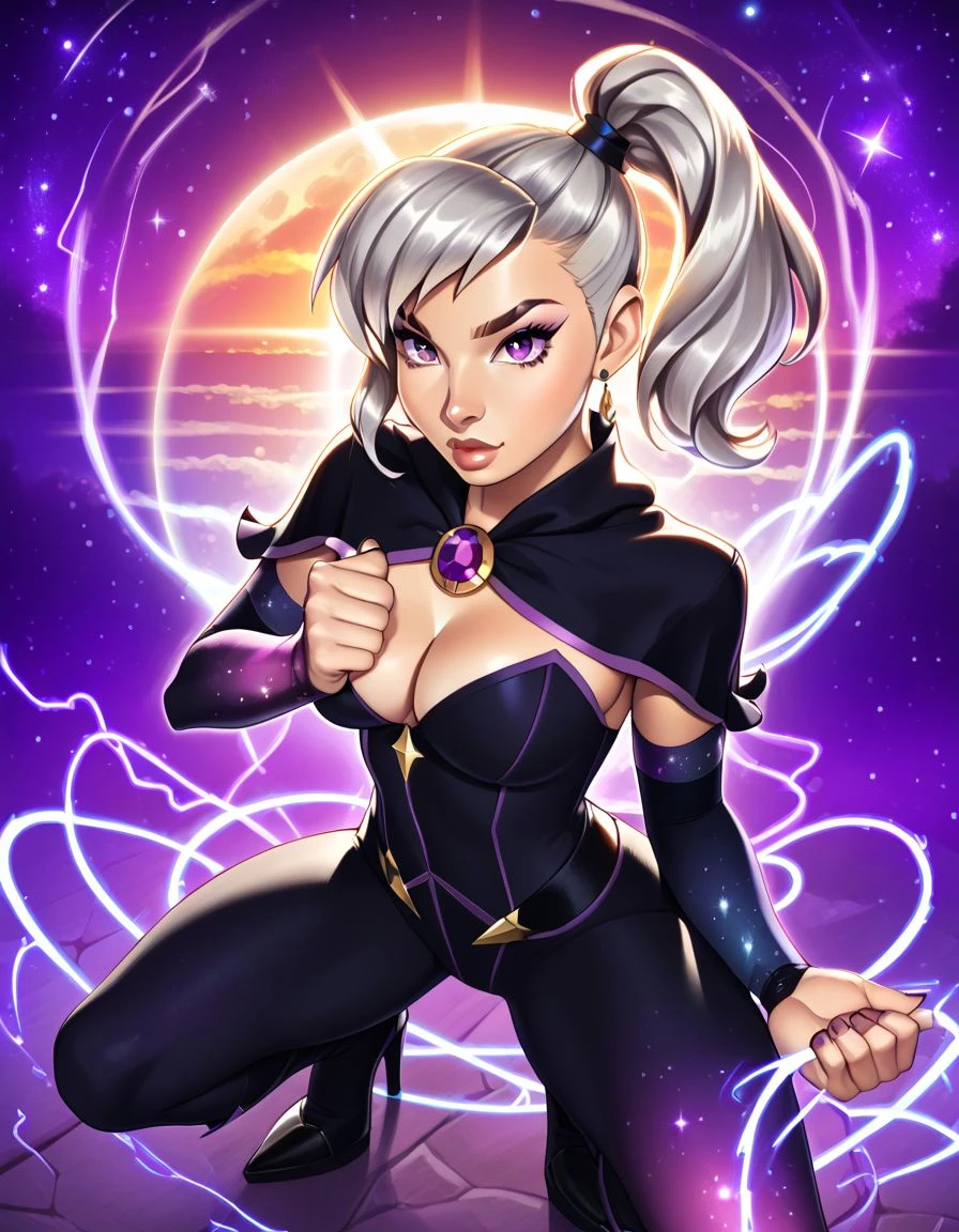 looking at viewer.
1girl; Celestial with Starry Bust, Cosmic Face, and Whimsical Limbs, (Asymmetrical breasts). (Buff          skintone color), Side ponytail hairstyle, Silver Blonde hair color, Amethyst eyes color,
 Witch/Wizard outfit; (Flirtatious glance expressions),Crouching tiger stance pose; 
Vintage damask wallpaper background, (Golden hour - Warm light near sunrise/sunset lighting).