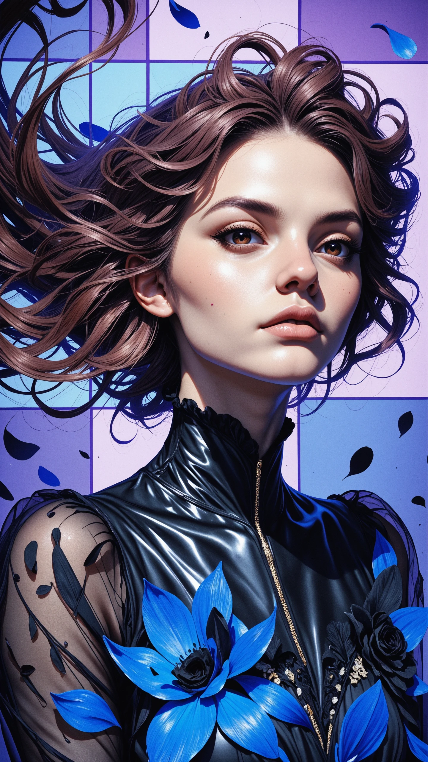 fwfm frame, blue Flowers, blue Petals, black Flower Petals Drips <lora:fwfm3:0.8>,
1girl, face, portrait, looking at viewer,
masterpiece,best quality,amazing quality,very aesthetic,absurdres,newest,detailed eyes,
realistic body,
brown eyes, long hair, curls, rosebrown hair, haute couture, black blouse, covered with blue black feathers haute couture,long sleeves, transparent sleeves, latex leggings,
face focus, upper body view, dynamic angle,
(one giant square in background:1.4), abstract background, minimalistic composition, purple background details, floating hair, futuristic print in background, neon colors,
dark, light from one side, dark shadow,
dynamic motion,