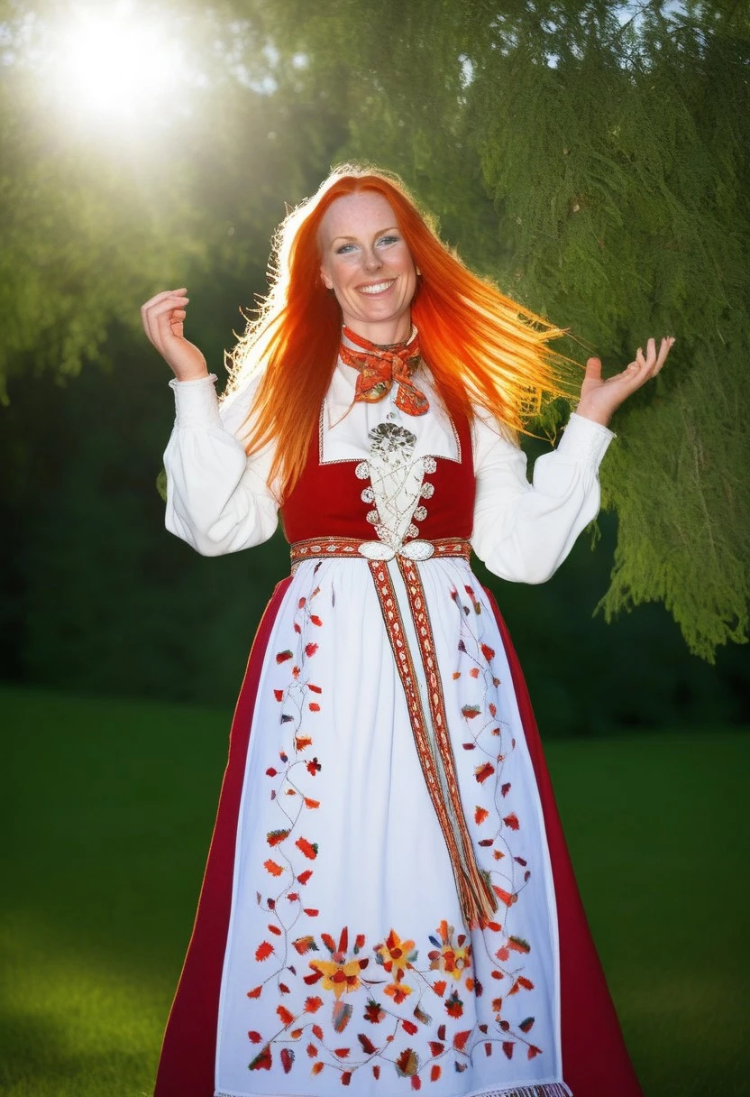 Female character, young woman, long hair, straight hair, orange hair, freckles, beautiful face, smile, brown eyes, cheering, outdoors, park, garden, lawn, trees, happy, sunny weather, norwegian bunad, norwegian folklore costume, norwegian folklore dress, bunad, pale face, pale skin