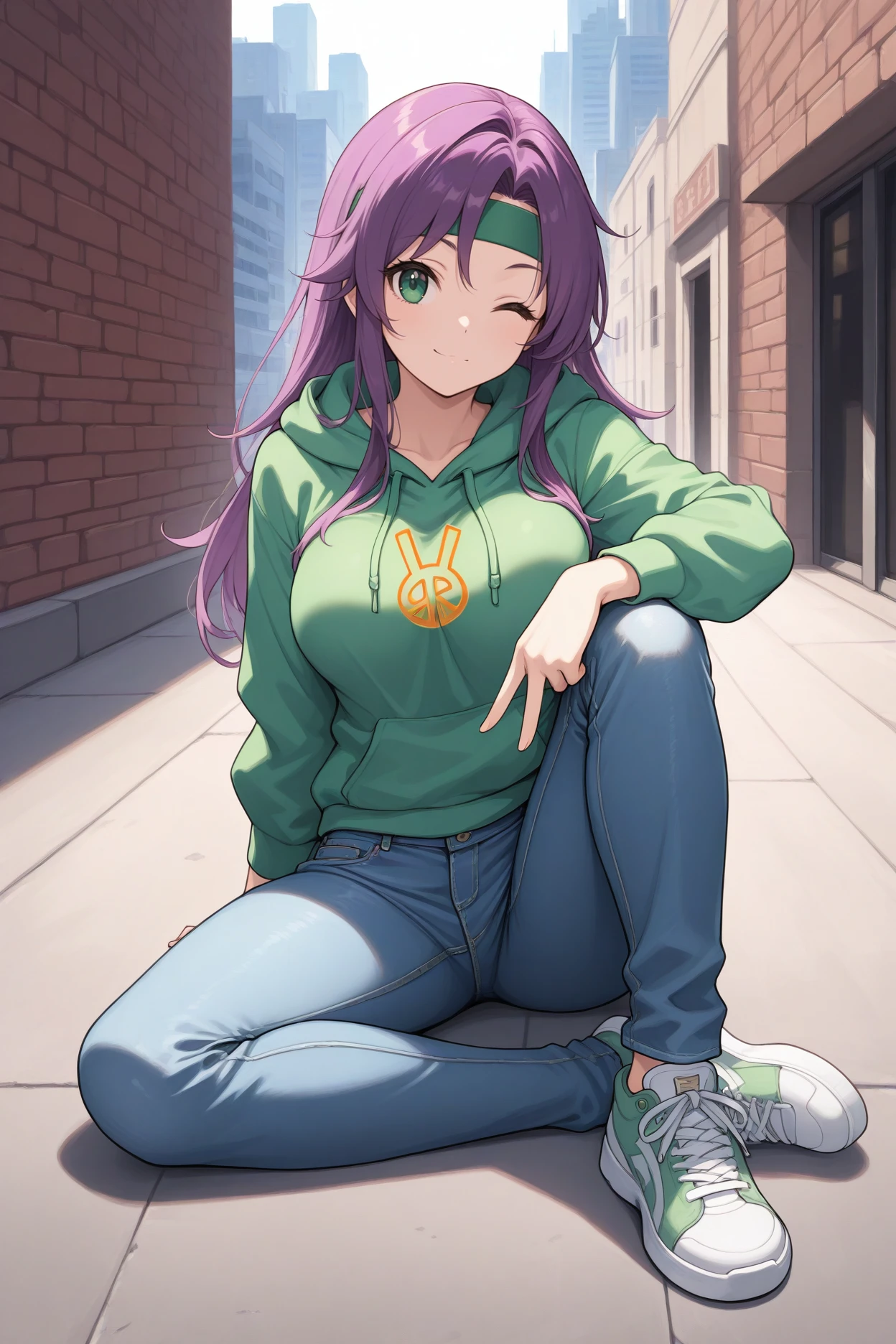 masterpiece, best quality, 1girl, solo <lora:fffaris-illu-nvwls-v1-000006:1> frssch, purple hair, long hair, green eyes, green headband, green hoodie, breasts, wink, peace sign, jeans, sneakers, sitting, knee up, arm on own knee, on ground, city, brick wall
