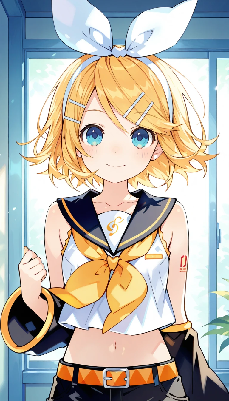 (masterpiece),best quality,amazing quality,very aesthetic,absurdres,newest,perfect body,shiny skin,perfect eyes,detail1eye,well-defined fingers,well-defined fingernails,anime style,indoors,1girl,solo,upper body,(portrait:1.5),looking at viewer,facing viewer,smile,blush,Tsunako style,kagamine rin,short hair,blonde hair,floating hair,white hairband,hair bow,white bow,hairclip,swept bangs,blue eyes,collarbone,bare shoulders,black sailor collar,white shirt,sleeveless shirt,crop top,midriff,yellow neckerchief,black sleeves,detached sleeves,medium breasts,navel,stomach,orange belt,fringe,short shorts,black shorts,leg warmers,white footwear,<lora:Tsunako[style]-Illus:1.4>,<lora:Kagamine Rin(voc)-Illus-Remake:1.6>,
