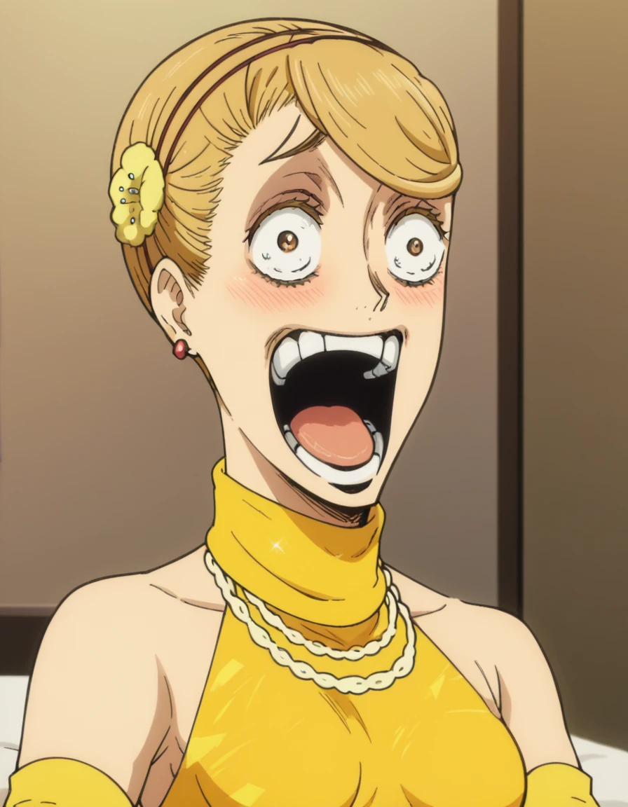 score_9, score_8_up, score_7_up, source_anime, <lora:mako-akagi-s1-ponyxl-lora-nochekaiser:1>, mako akagi, short hair, blonde hair, brown hair, brown eyes, hairband, single hair bun, medium breasts, anime screencap, dress, bare shoulders, jewelry, earrings, necklace, yellow dress, turtleneck, elbow gloves,, indoors, bed, bedroom, on side, blush, drunk, smile, <lora:enel-face-ponyxl-lora-nochekaiser:1> enel face, open mouth, wide-eyed, teeth, tongue,, looking at viewer, solo,, cowboy shot, solo