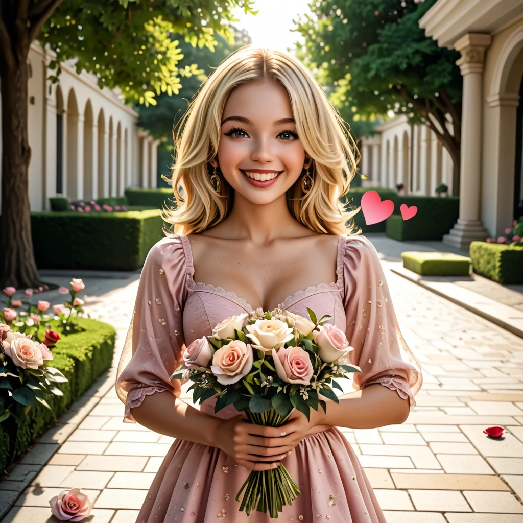 best, masterpiece, highly detailed textures, highly detailed fabrics, absurdres, blonde hair, Domi, 1girl,
looking at the camera, happy, romantic, holding a bouquet of flowers, huge smile, floating hearts, pov looking down at her, standing on a park path, rose petal carpet, golden hour lighting, illuminated from the front, sweet and cute