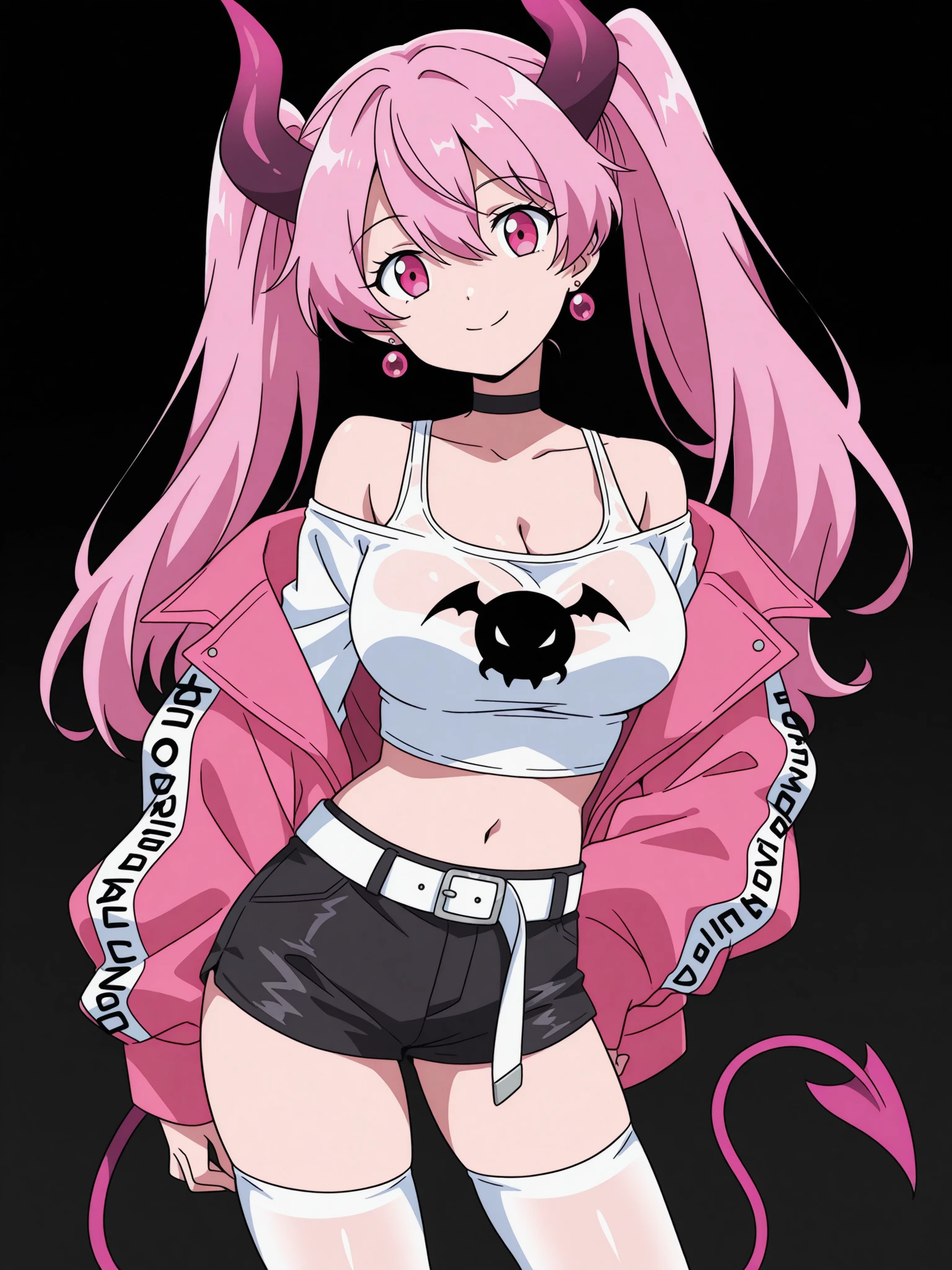 1girl, solo, breasts, tail, pink_hair, horns, demon_tail, shorts, jacket, twintails, large_breasts, smile, looking_at_viewer, long_hair, navel, choker, black_background, pink_eyes, short_shorts, belt, demon_girl, pink_jacket, demon_horns, simple_background, tank_top, open_jacket, cleavage, black_shorts, open_clothes, thighhighs, off_shoulder, bare_shoulders, closed_mouth, head_tilt, hair_between_eyes, cowboy_shot, jewelry, micro_shorts, collarbone, black_choker, white_thighhighs, crop_top, bangs, earrings, clothes_writing, shirt, midriff, standing, see-through, contrapposto, long_sleeves,
<lora:Digimon_Illustrious_SD8:1>