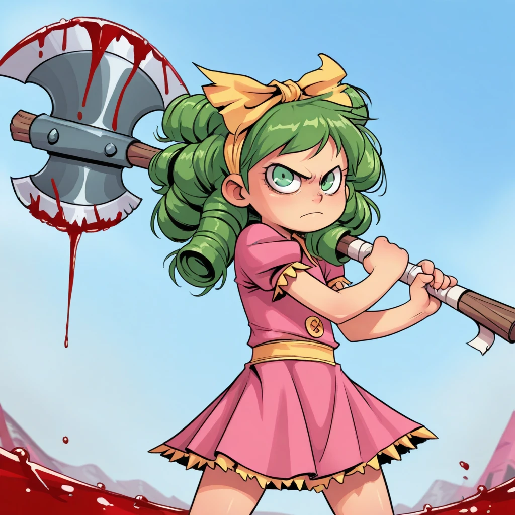 masterpiece, best quality, GERTRUDE, 1girl, solo, green hair, green eyes, hair bow, pink dress, cowboy shot, <lora:Gertrude_IHF_illustrious_Leaf1:1>, battle axe, blood,