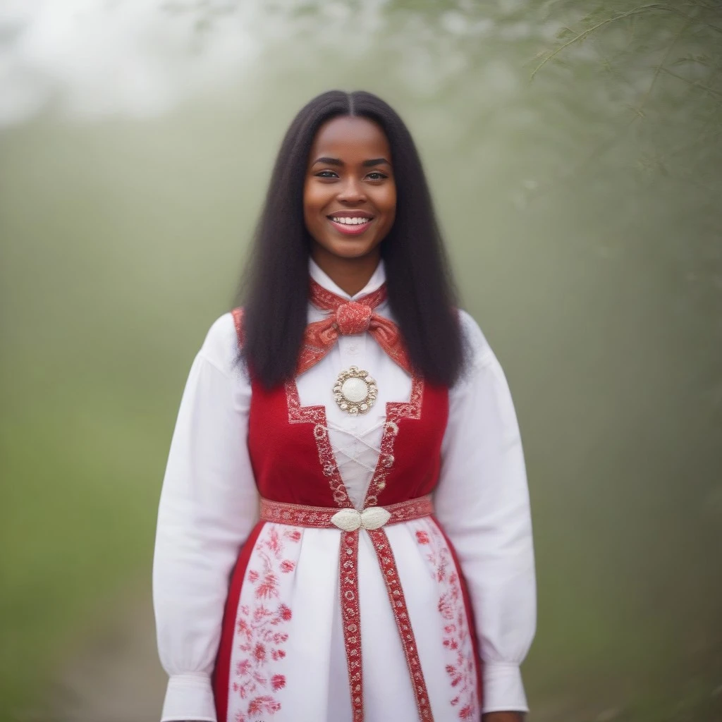 Female character, young woman, long hair, straight hair, black hair, beautiful face, smile, brown eyes, cheering, outdoors, park, garden, lawn, trees, happy, sunny weather, norwegian bunad, norwegian folklore costume, norwegian folklore dress, bunad, brown skin, black skin, afro american female,