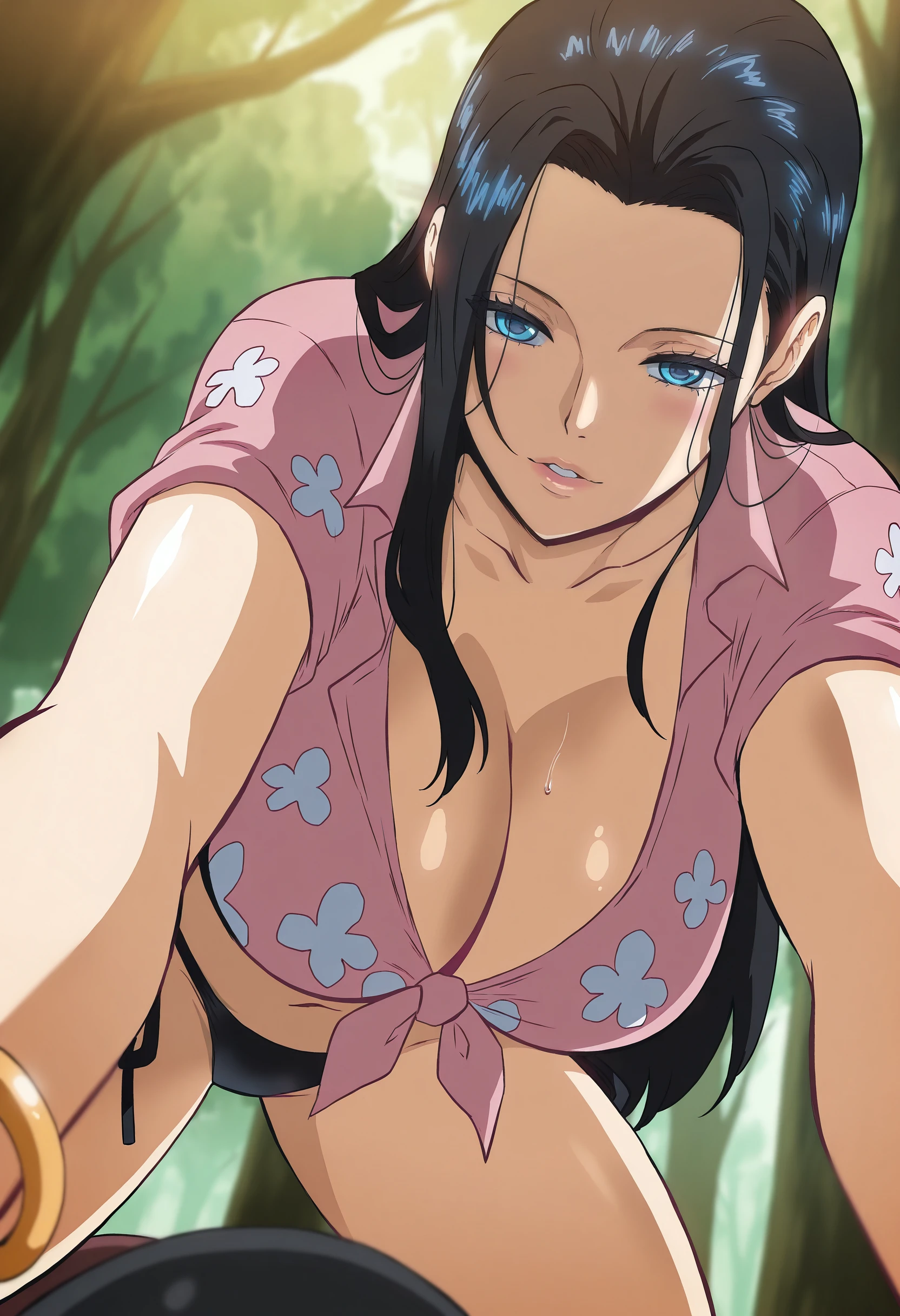 masterpiece, best quality, amazing quality, very aesthetic, absurdres, newest, scenery, best quality, 1girl, solo, mature female, anime coloring, prostration,in a magical forest,
<lora:NicoRobinPostTimeskipPart1_Illu_Dwnsty:1>, goldnr, blue eyes, black hair, long hair, hair slicked back, straight hair, pink shirt, tied shirt, front-tie top, collared shirt, short sleeves, side-tie bikini bottom, black panties, swimsuit, bracelet,
breasts, detailed eyes, detailed body, detailed lips,
artist:hara (harayutaka):0.08, artist:donburi(donburikazoku)0.34, artist:hews:0.4, artist:fei(maidoll):0.18,