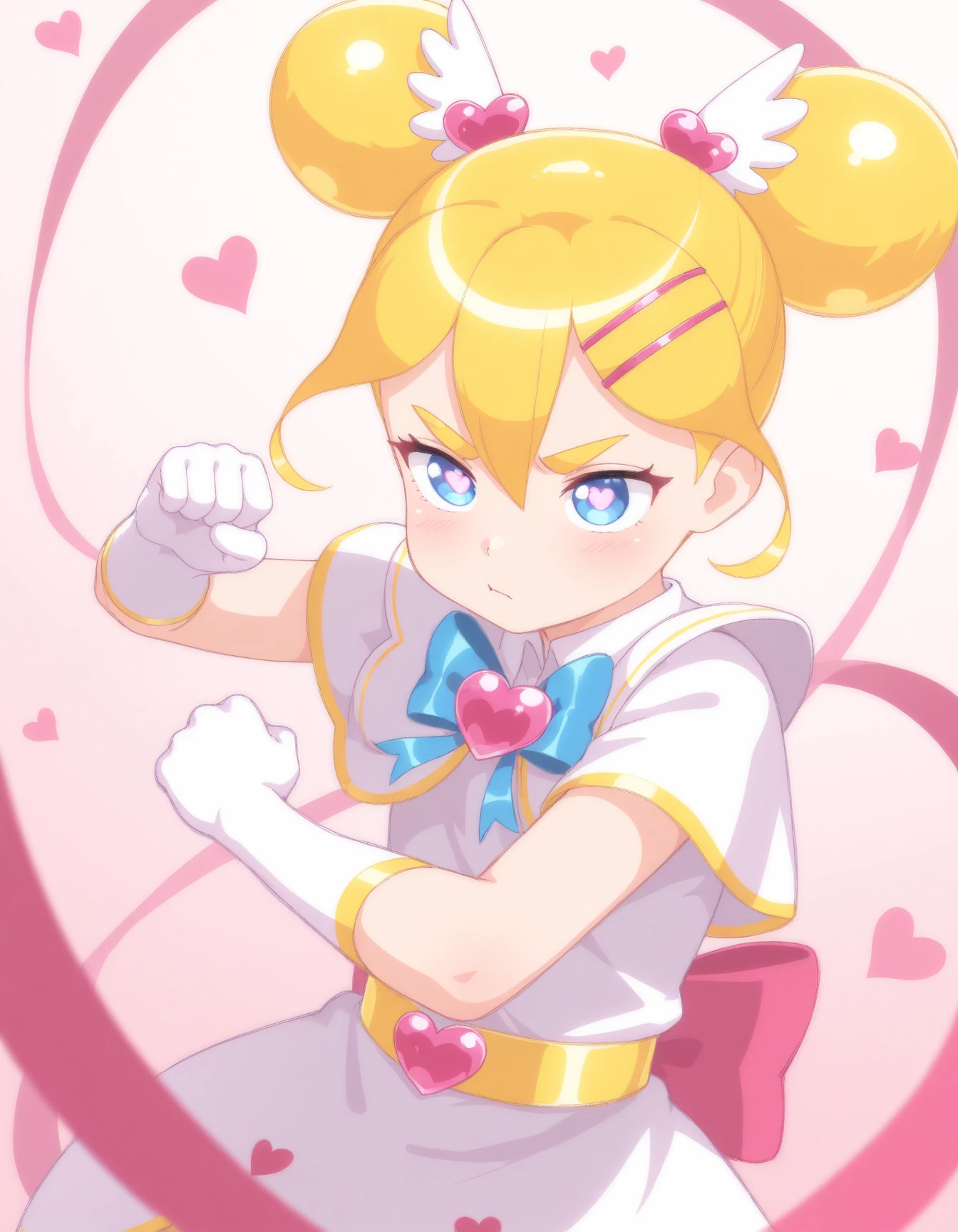 masterpiece, best quality, amazing quality, very aesthetic, high resolution, solo
Mimiko-chan-vkstickrs, golden twin buns, pink heart-shaped decorations, blue eyes, blue ribbon and a heart-shaped gem, fighting_stance, 4 fingers
<lora:Mimiko-chan-vkstickrs_il:0.9>