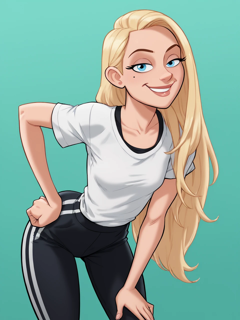 score_9, score_8_up, score_7_up, score_6_up, BREAK, DLT style, LilLily, 1girl, long hair, female, blue eyes, blonde hair, flat chest, looking at viewer, smile, simple background, medium breasts, standing, cowboy shot, hands on hip, leaning forward, green background, aqua background, <lora:DLToon_style:0.8> <lora:LilLily:1>