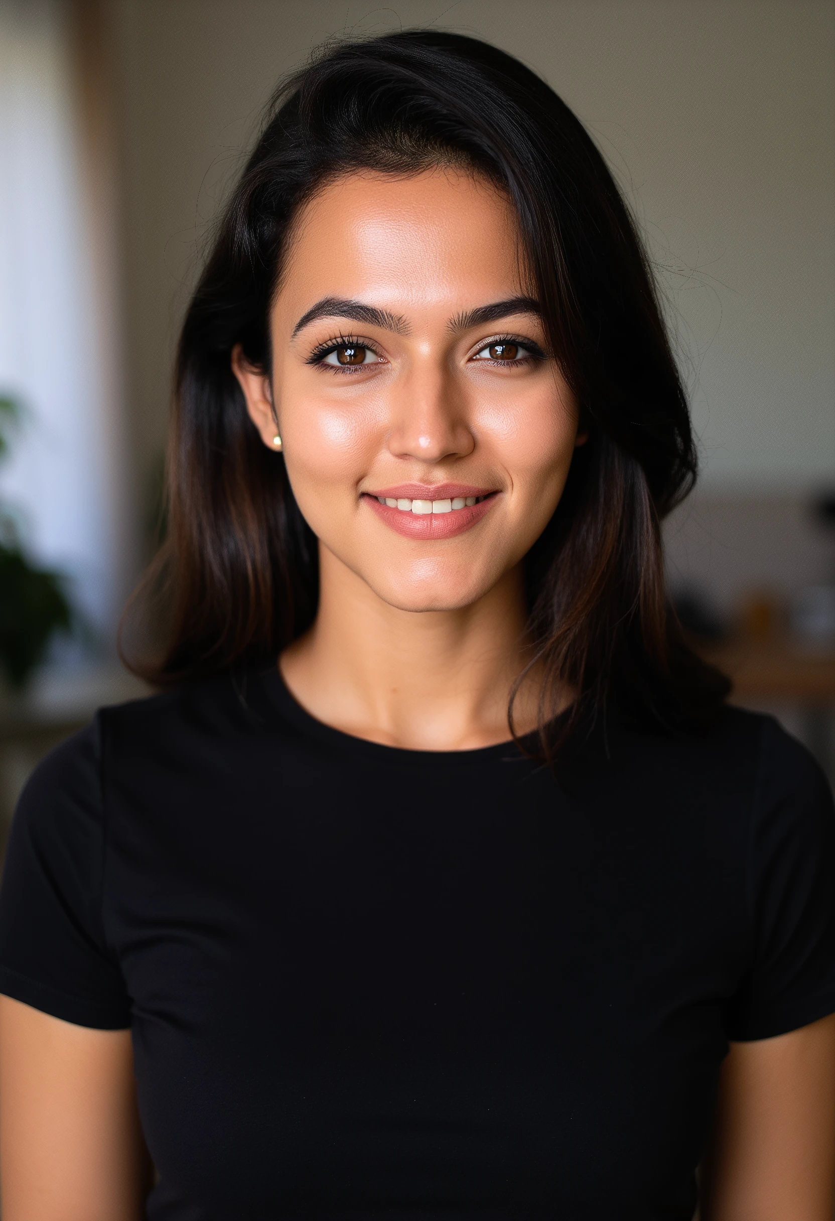 28YO, one women, cute smile, white teethes, Arab, from Jordan, long burnt orange shirt, light brown eyes