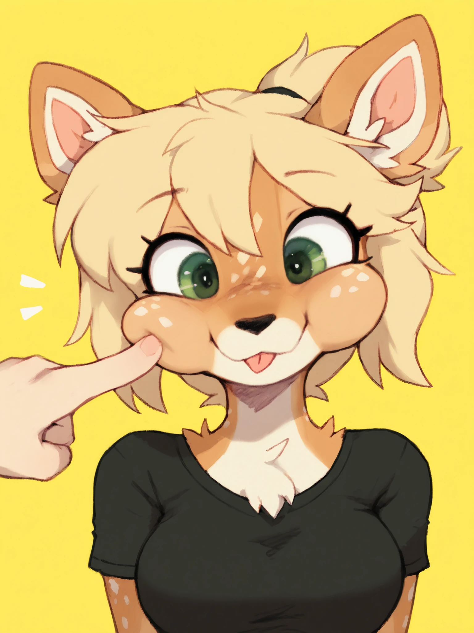 (masterpiece, best quality, very aesthetic, absurdres, yellow background, artist:waspsalad,) solo, 1girl, female, deer, anthro, furry female, spots, tan fur, blonde hair, t-shirt, upper body, breasts, blep, tongue, green eyes, silly face, puffed cheeks, cheek poking, <lora:Waspsalad Style Ill:1>