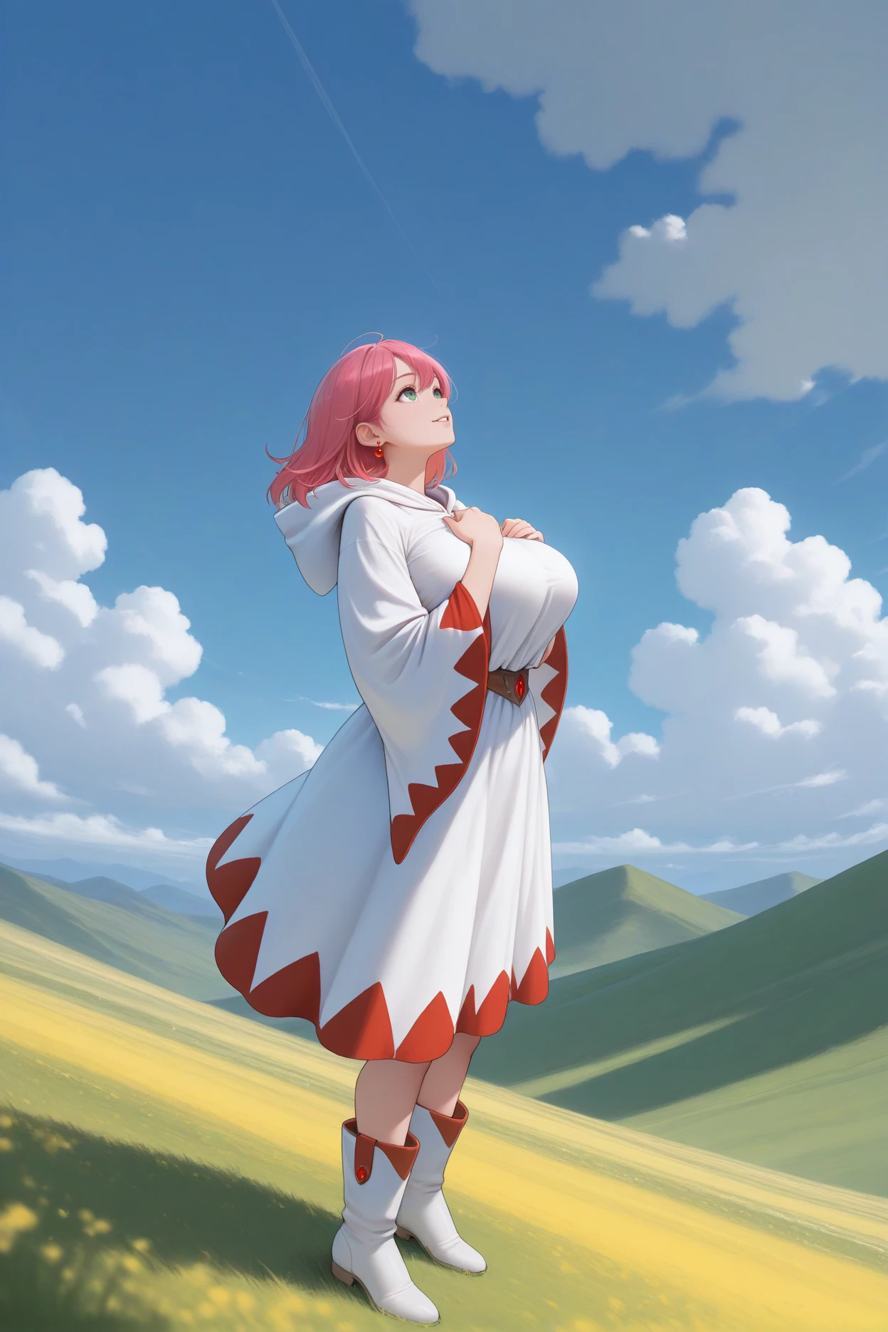 masterpiece, best quality, 1girl, solo <lora:fflenna-illu-nvwls-v1-000006:1> lennact, pink hair, medium hair, green eyes, red earrings, white mage, white robe, white robe, hooded robe, hood down, wide sleeves, white boots, large breasts, looking up, smile, parted lips, blue sky, clouds, wide shot, hdr, hill, field, hands on own chest