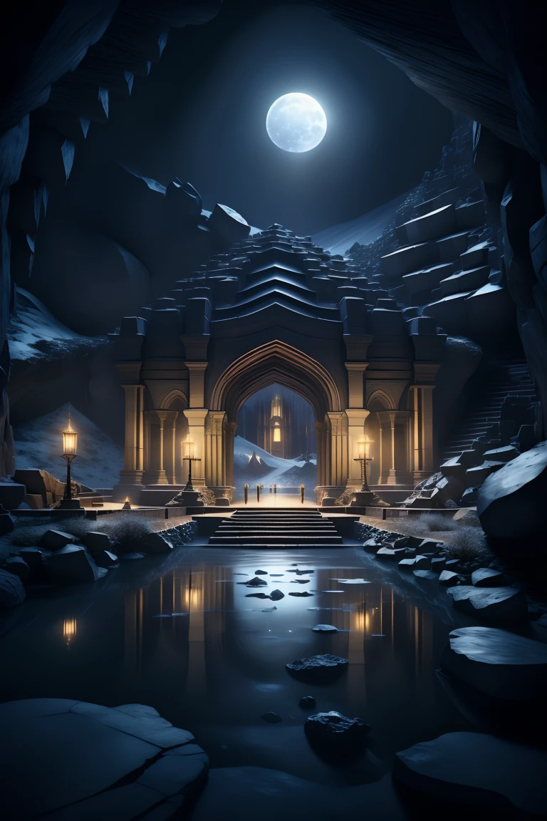 <lora:JJsUnderGroundBuilding:1> , ((UnderGround Building)),((masterpiece)), ((best quality)), dramatic lighting, high detailed, center composition, ,scenery, 8k, super sharp focus, great detail of textures, night, (building),road, river, mountain, bridge, blizzard, torch, cave, stones, arch, moon, night , lava, <lora:add_detail:.8>,, photography, capturing moments, storytelling, creative composition