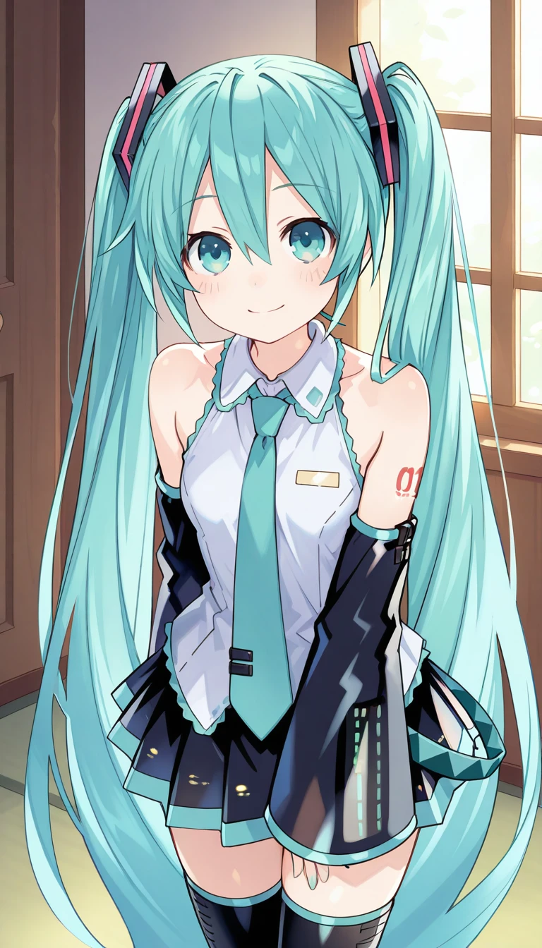 (masterpiece),best quality,amazing quality,very aesthetic,absurdres,newest,perfect body,shiny skin,perfect eyes,detail1eye,well-defined fingers,well-defined fingernails,anime style,indoors,1girl,solo,upper body,(portrait:1.5),looking at viewer,facing viewer,smile,blush,Tsunako style,hatsune miku,absurdly long hair,aqua hair,twintails,hair ornament,sidelocks,hair between eyes,parted bangs,aqua eyes,white shirt,collared shirt,bare shoulders,sleeveless shirt,aqua necktie,detached sleeves,black sleeves,shoulder tattoo,fringe,black thighhighs,miniskirt,pleated skirt,zettai ryouiki,thigh boots,<lora:Hatsune Miku(voc)-Illus-Remake:1.8>,<lora:Tsunako[style]-Illus:1.4>,