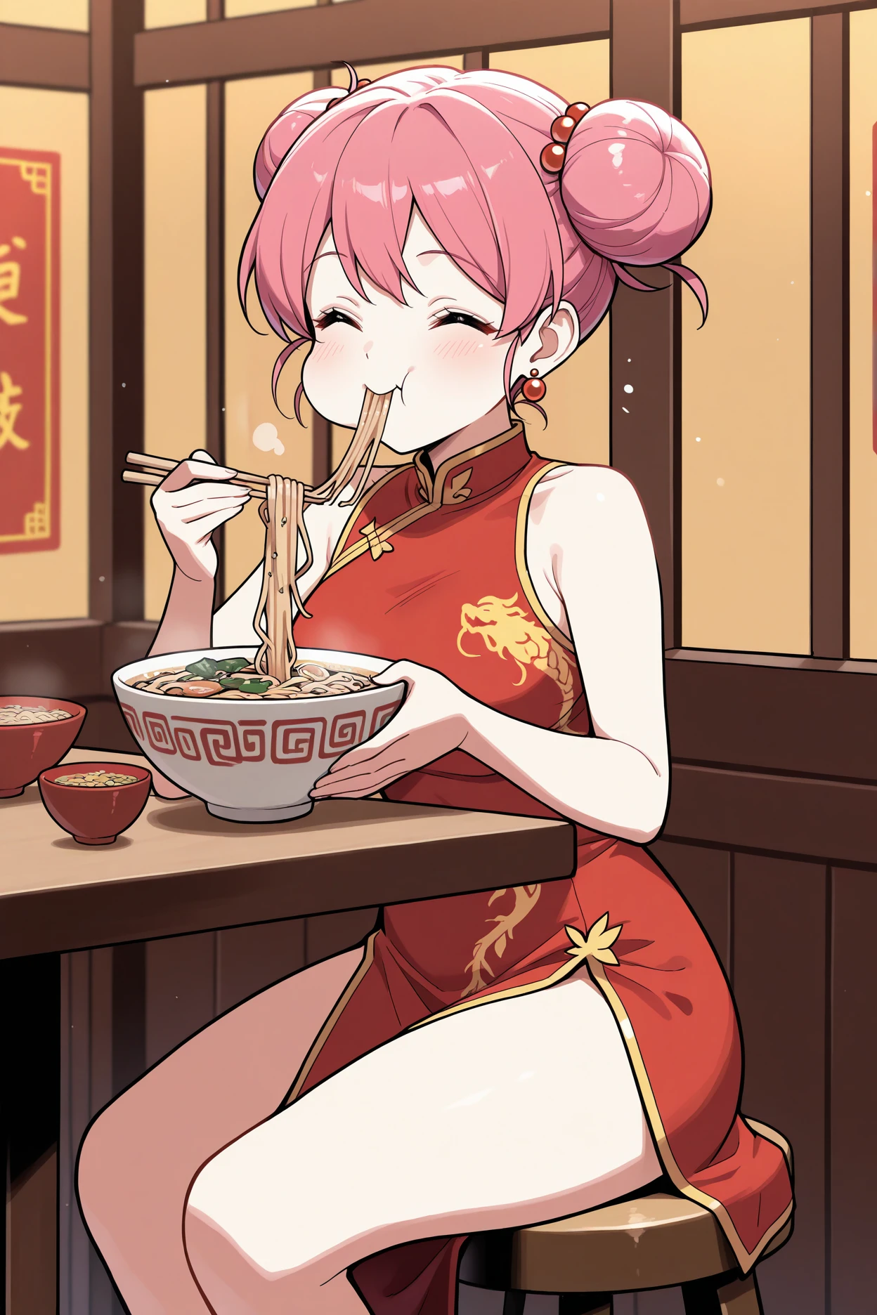 masterpiece, best quality, 1girl, solo <lora:fflenna-illu-nvwls-v1-000006:1> lennact, pink hair, short hair, double bun, red earrings, china dress, sleeveless, red dress, pelvic curtain, sitting, stool, table, bowl of noodles, holding chopsticks, eating, puffy cheeks, happy, closed eyes, restaurant