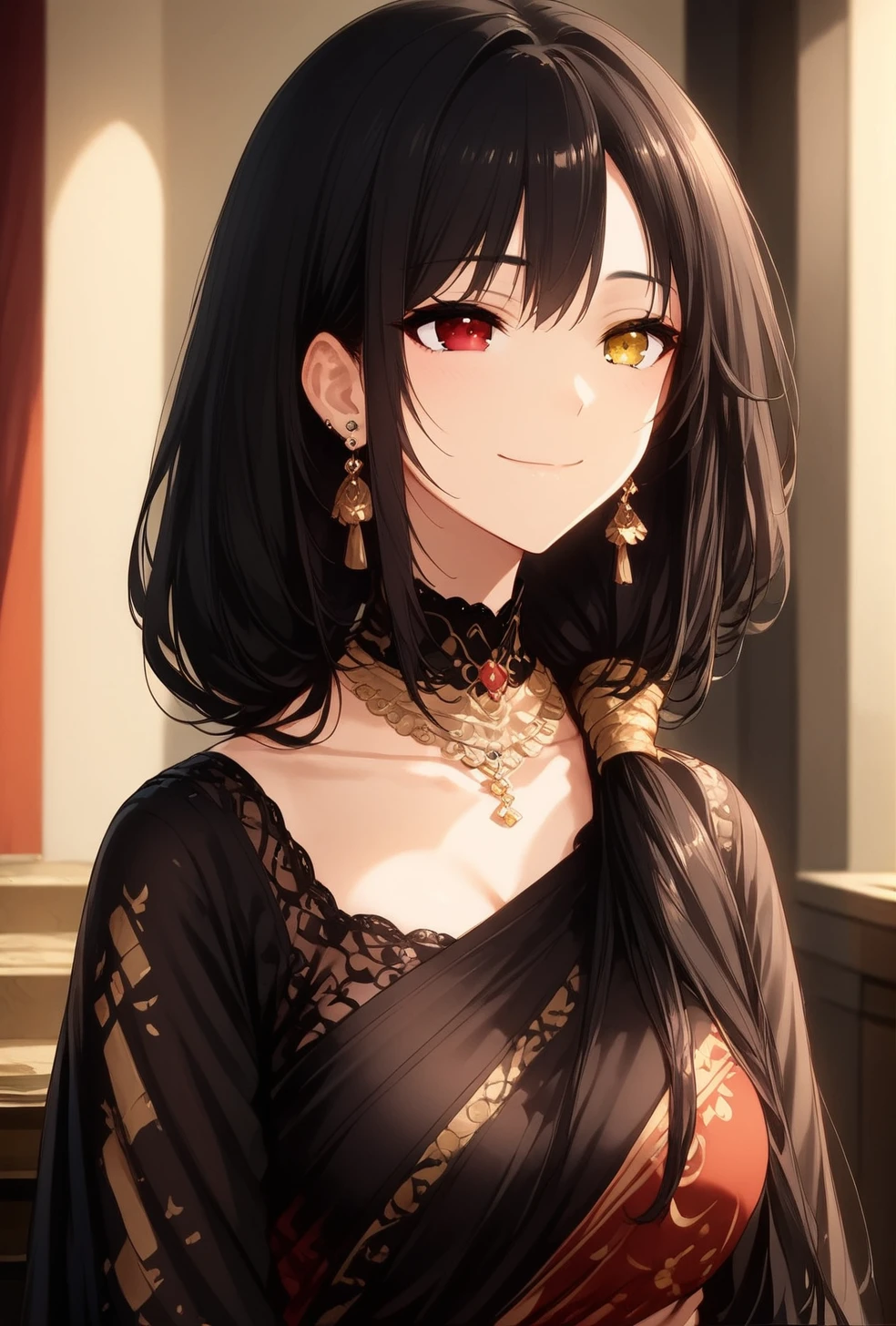 score_9_up, score_9, source_anime, 1girl, solo, 3/4 view, halfbody, fullbody, smile, closed mouth <lora:Expressive_H:1.75> expressiveh, <lora:Saree:1> saree, indian, indianstyle , earrings, <lora:Kurumi_Tokisaki:1> black hair, red eye, long hair, yellow eye, heterochromia, 1girl, solo, twintails, smile, closed mouth
