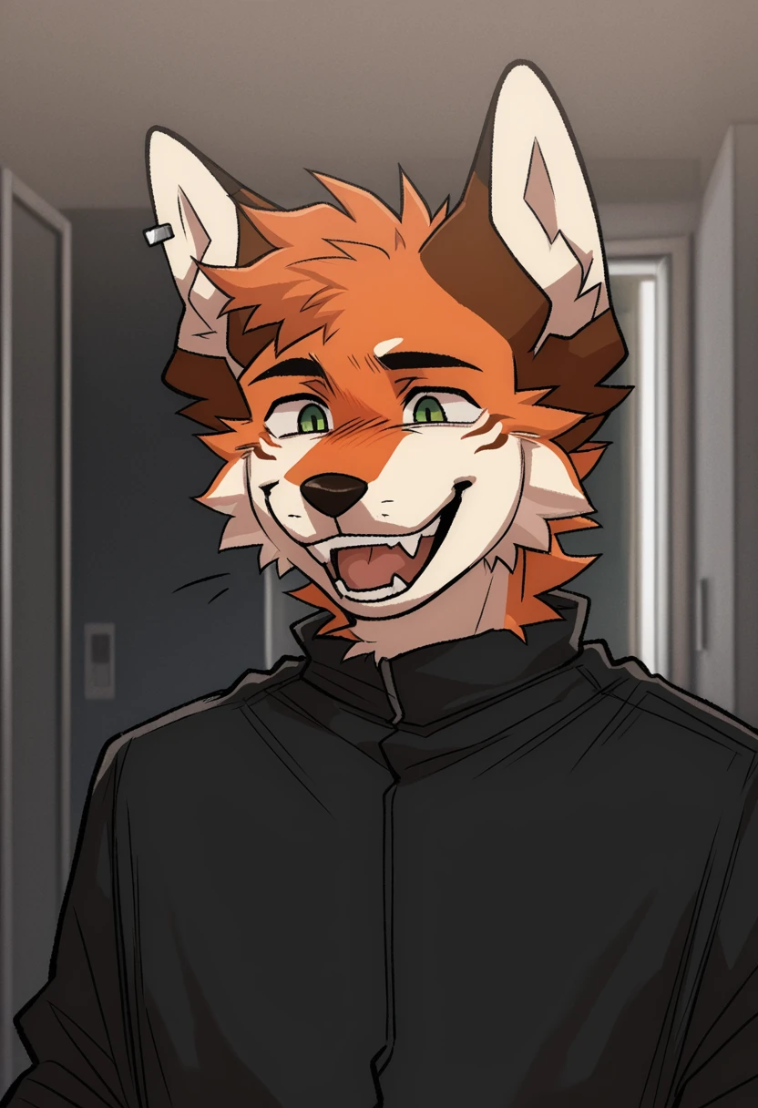 best quality, amazing quality, very aesthetic, absurdres, newest, by maggotnizer, male focus, 1boy, solo, BREAK furry, fox, silver earring, green eyes, short hair, two-tone fur, orange fur, bara, happy, smile, fangs, <lora:Maggotnizer_style_Illustrious:1>