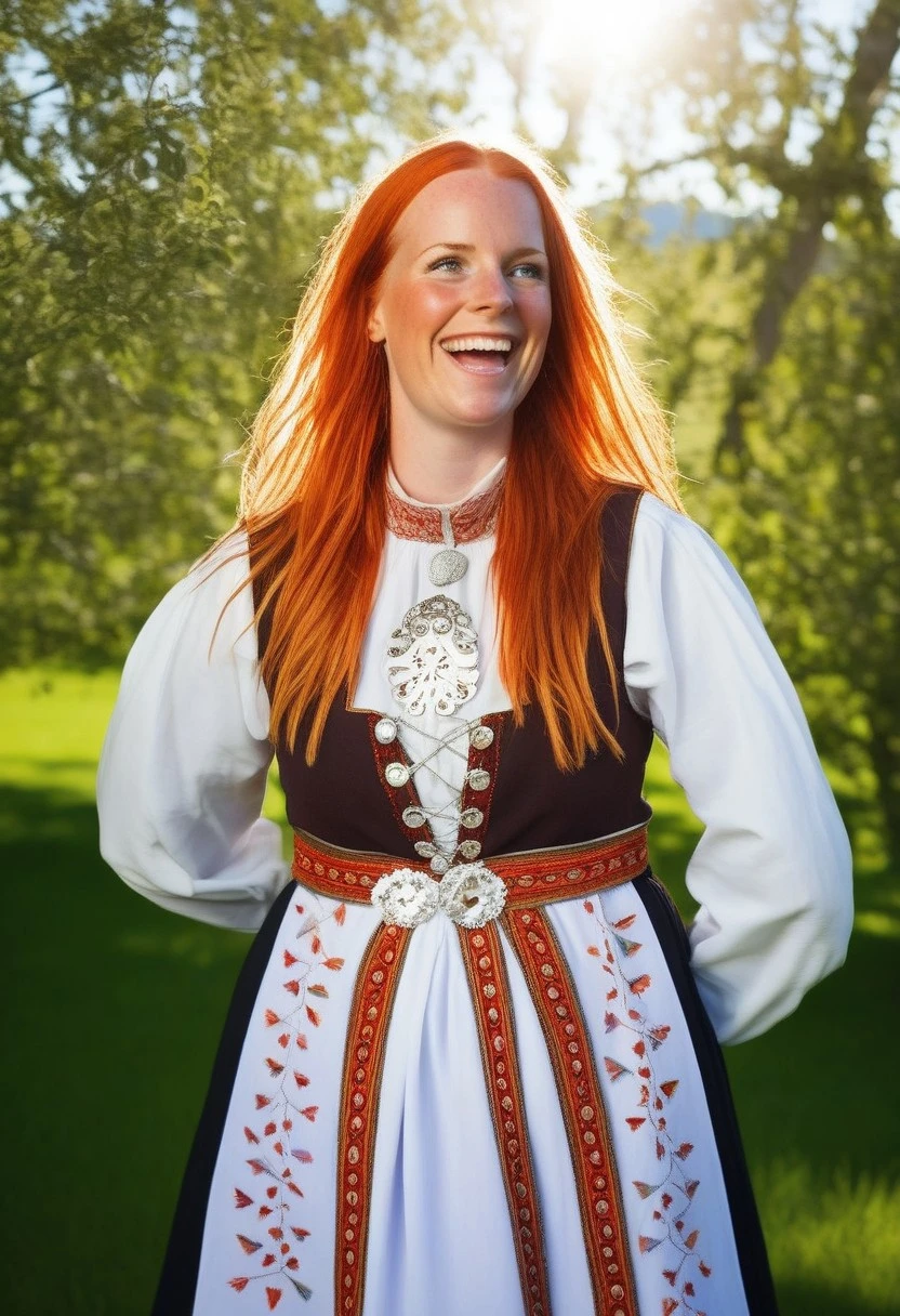 Female character, young woman, long hair, straight hair, orange hair, freckles, beautiful face, smile, brown eyes, cheering, outdoors, park, garden, lawn, trees, happy, sunny weather, norwegian bunad, norwegian folklore costume, norwegian folklore dress, bunad, pale face, pale skin