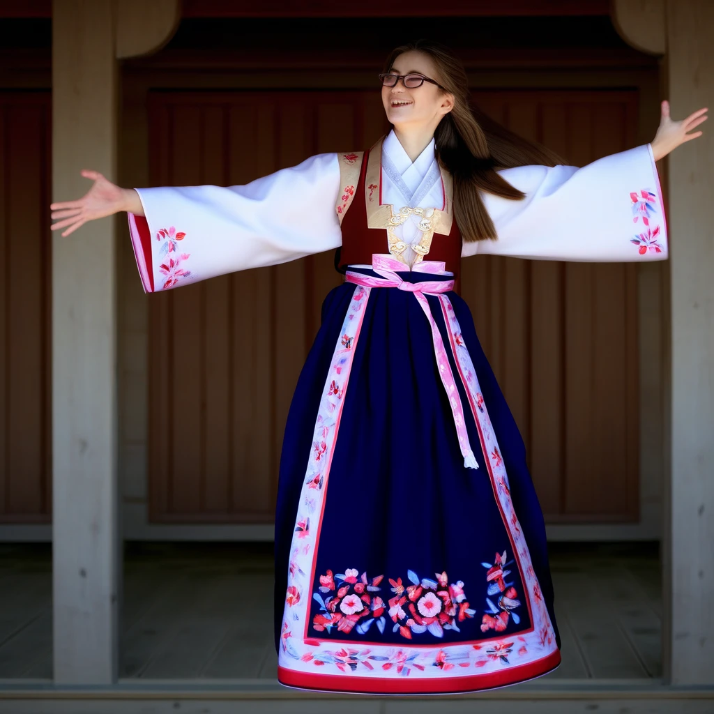 floral print, sky, hanbok, dancing, own hands together, closed eyes, costume, long sleeves, ribbon, male focus, glasses, 1boy, brown hair, long hair, shoes, from behind, skirt, indoors, outdoors, norwegian bunad, sleeves past wrists, smile