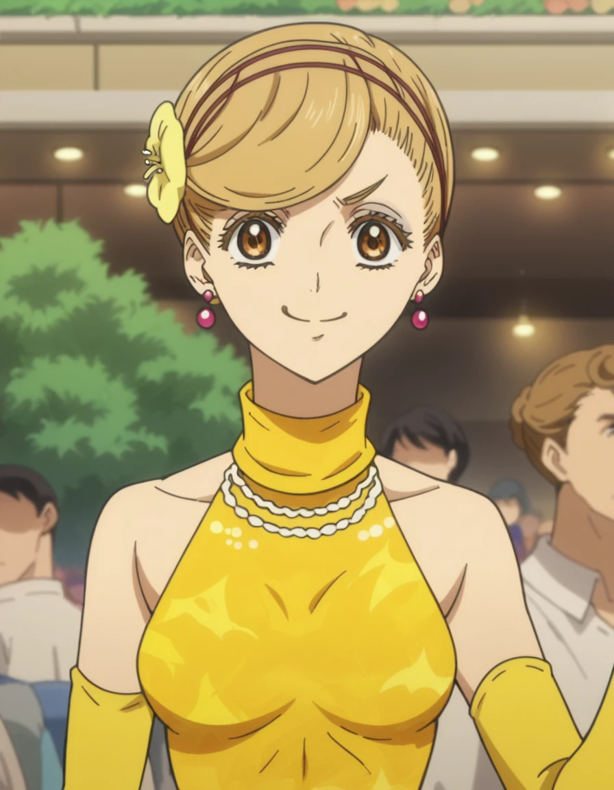 score_9, score_8_up, score_7_up, source_anime, <lora:mako-akagi-s1-ponyxl-lora-nochekaiser:1>, mako akagi, short hair, blonde hair, brown hair, brown eyes, hairband, single hair bun, medium breasts, anime screencap, dress, bare shoulders, jewelry, earrings, necklace, yellow dress, turtleneck, elbow gloves,, street market, vendor, street food, bustling crowd, local flavor, vibrant, , v, v over mouth, smug,, looking at viewer, solo,, cowboy shot, solo