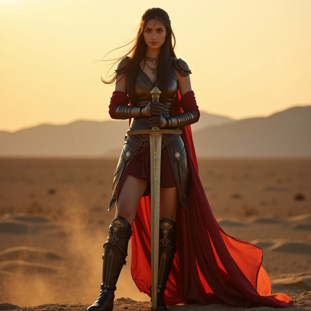A **stunningly beautiful young female warrior** stands in an **expansive open landscape**, her full form visible in the wide frame. She wears a **delicately crafted leather armor**, designed with **ornate engravings and gold-inlaid details**, hugging her **slender yet athletic physique**. The **rich brown and deep crimson tones of the leather** blend seamlessly with the flowing fabric accents on her battle attire, adding a touch of regal elegance.
She grips a **magnificent, intricately designed sword** with both hands, holding it **vertically in front of her**, the **razor-sharp tip resting gently against the ground between her feet**. The **hilt**, adorned with **fine engravings and gemstone inlays**, glows subtly under the ambient light, while the **crossguard**, sculpted with delicate patterns, curves gracefully around her fingers. The **long, polished blade reflects the soft hues of the setting sun**, revealing **engraved runes or ancient symbols** that hint at its legendary past.
Her **posture is poised and confident**, her **legs slightly apart**, grounded in a warrior’s stance. Her **piercing eyes** are fixed ahead, filled with quiet determination and an unshakable resolve. Her **long, flowing hair** is lifted slightly by the gentle breeze, strands catching the light as they frame her flawless face.
The **background stretches wide and vast**, depicting a **grand battlefield, an ancient temple courtyard, or a windswept mountaintop**, adding depth and scale to the scene. The **warm glow of a setting sun or flickering torches** casts a soft golden light, creating **dramatic highlights on her armor and weapon**.
Dust and embers drift through the air, caught in the light, adding a subtle sense of motion and energy to the stillness of her commanding presence. The sheer vastness of the scene enhances the sense of **power, resilience, and mythic grandeur**, making her appear **not just as a warrior, but as a legend in the making**.
A **hyper-realistic, cinematic, and breathtakingly grand** composition, capturing the **grace, power, and warrior spirit** of a legendary fighter standing tall, sword in hand, ready for destiny.