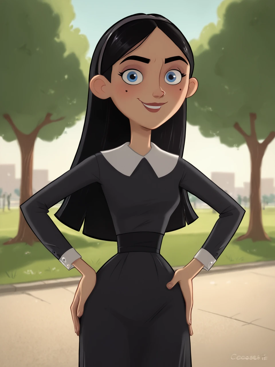 score_9, score_8_up, score_7_up, score_6_up, BREAK, DLT style, ParAggie, 1girl, solo, long hair, black hair, black dress, blue eyes, standing, in the park, hands on hip, smile, looking at viewer, <lora:DLToon_style:0.8> <lora:Aggie:0.8>