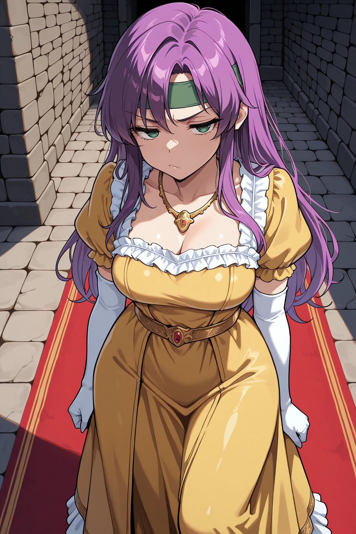 masterpiece, best quality, 1girl, solo <lora:fffaris-illu-nvwls-v1-000006:1> frssch, purple hair, long hair, green eyes, green headband, breasts, yellow dress, white frills, yellow gown, long dress, elbow gloves, puffy sleeves, looking at viewer, half-closed eyes, annoyed, bored, medieval, stone floor, stone walls, red carpet, gold necklace