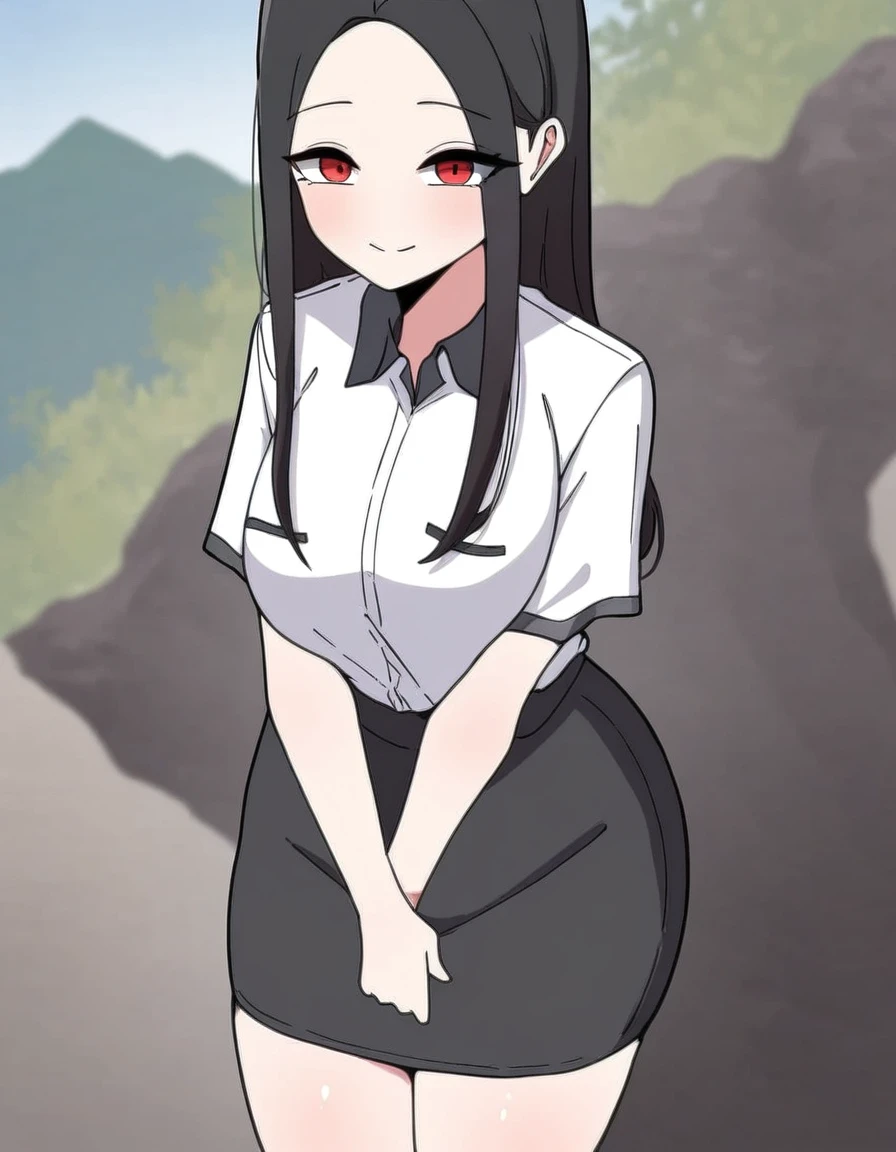 masterpiece, best quality, newest, absurdres, highres, safe,, <lora:yoo-jae-kyung-manhwa-illustriousxl-lora-nochekaiser:1>, yoo jae-kyung, long hair, large breasts, black hair, red eyes, forehead,, skirt, shirt, white shirt, short sleeves, collared shirt, black skirt, pencil skirt, office lady,, cliff, height, rocks, nature, sky, smile, leaning forward, looking at viewer, solo,, cowboy shot, solo